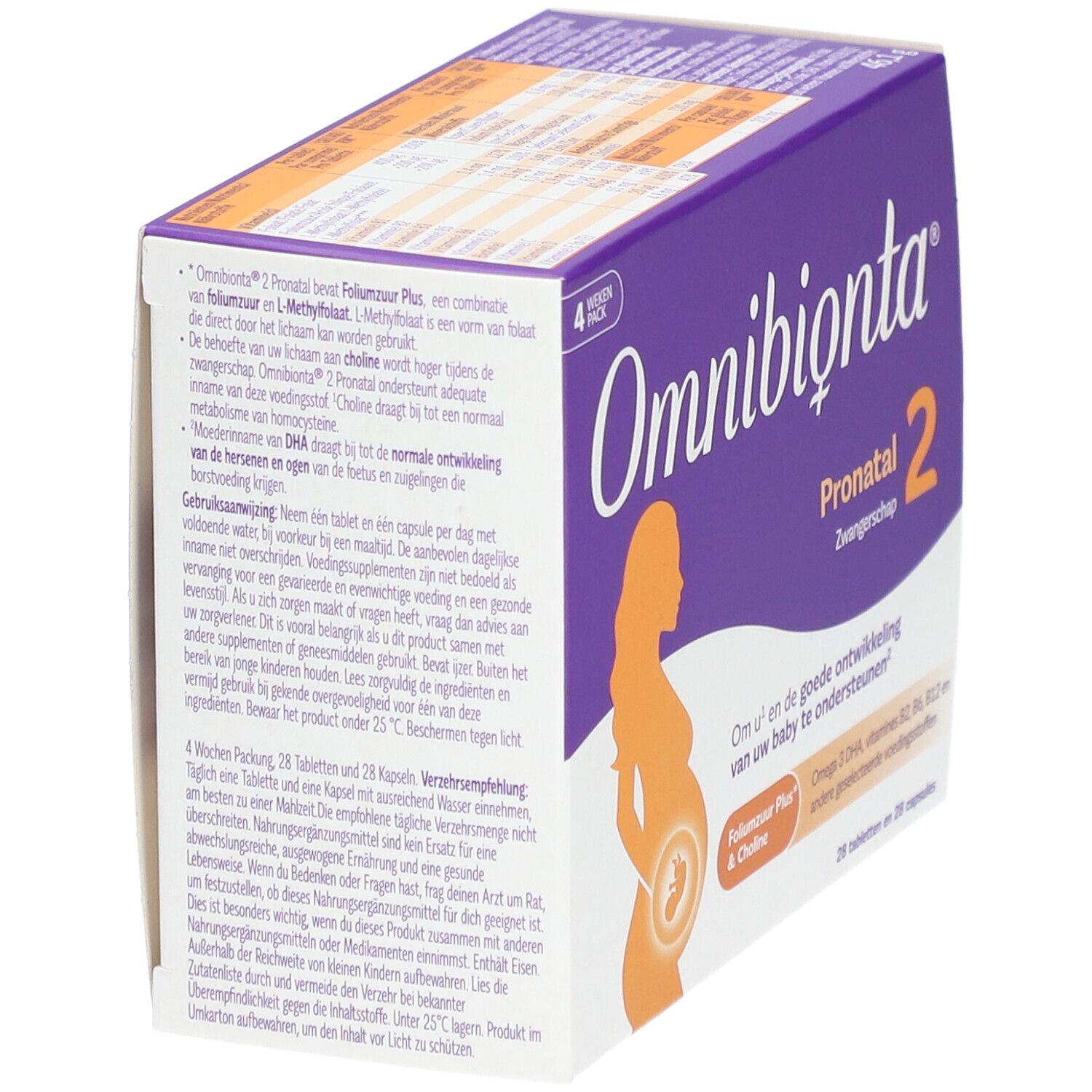 Omnibionta Pronatal 2 doos. Zwangere vrouw silhouet. 28 tabletten en capsules. Productinformatie op de verpakking.