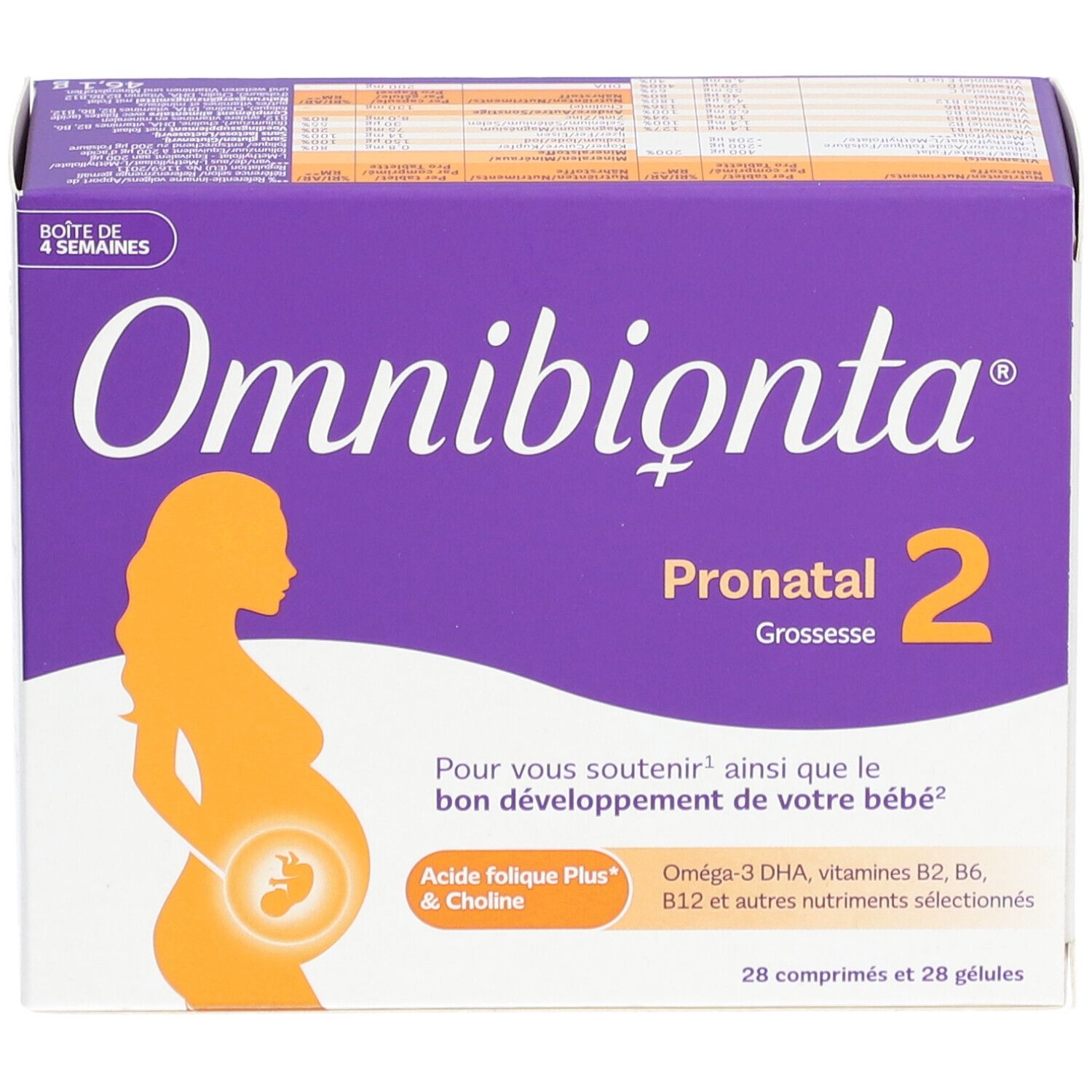 Omnibionta Pronatal 2 doos. Zwangere vrouw silhouet. 28 tabletten en capsules. Productinformatie op de verpakking.