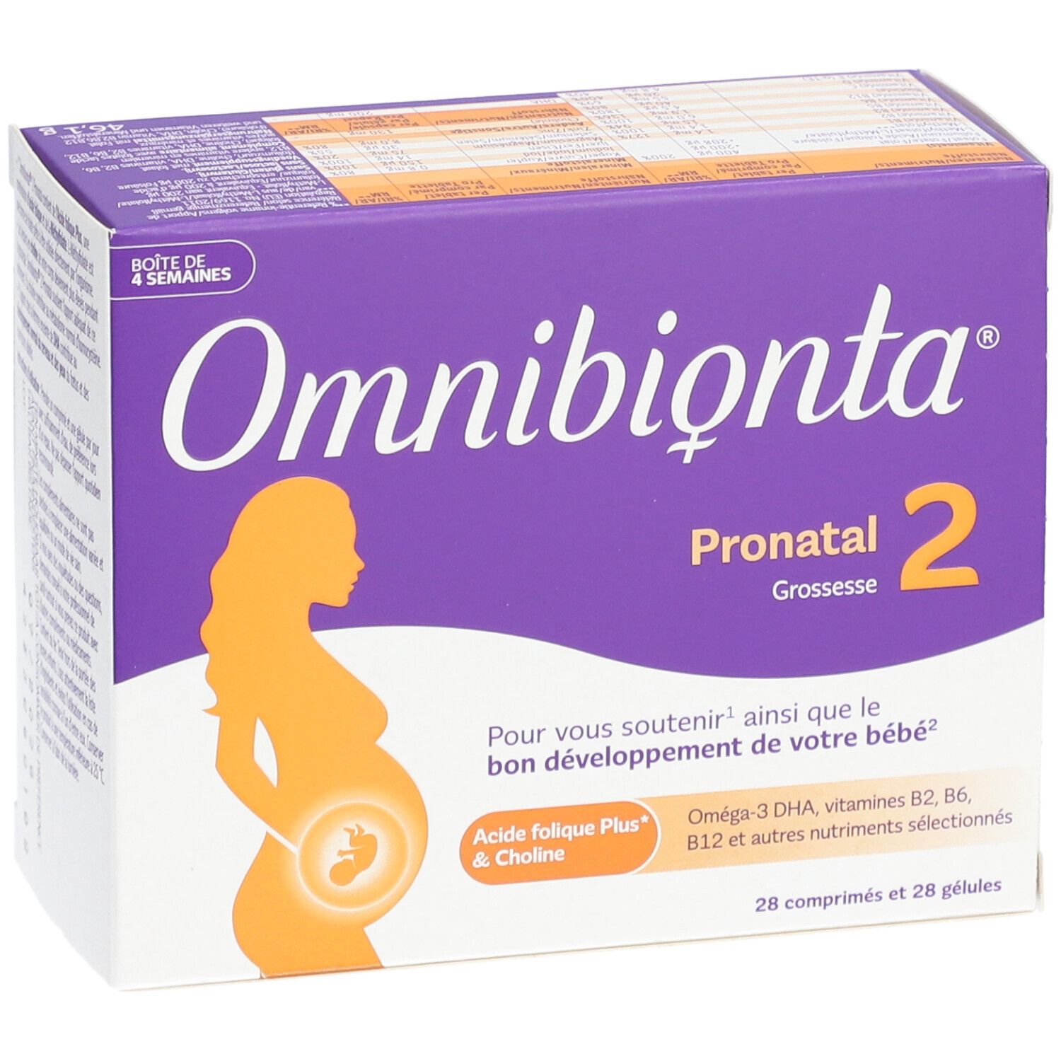 Omnibionta Pronatal 2 doos. Zwangere vrouw silhouet. 28 tabletten en capsules. Productinformatie op de verpakking.