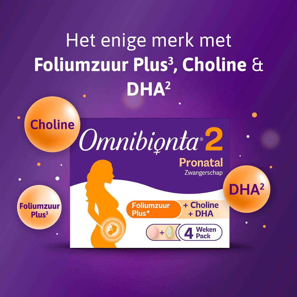 Reclame voor Omnibionta 2. Paarse achtergrond. Cirkels met tekst: Foliumzuur Plus, Choline, DHA. Zwangere vrouw silhouet.