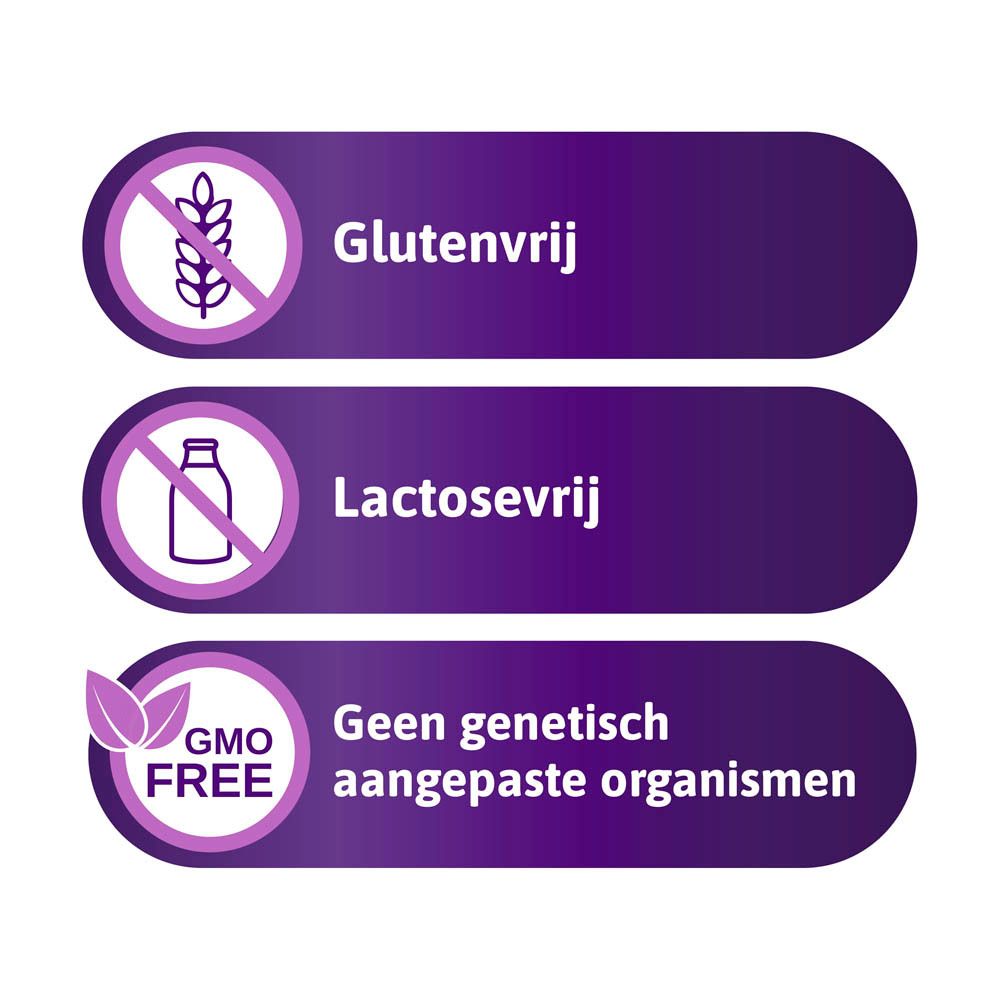 Tekst: Glutenvrij, Lactosevrij, Geen genetisch aangepaste organismen.