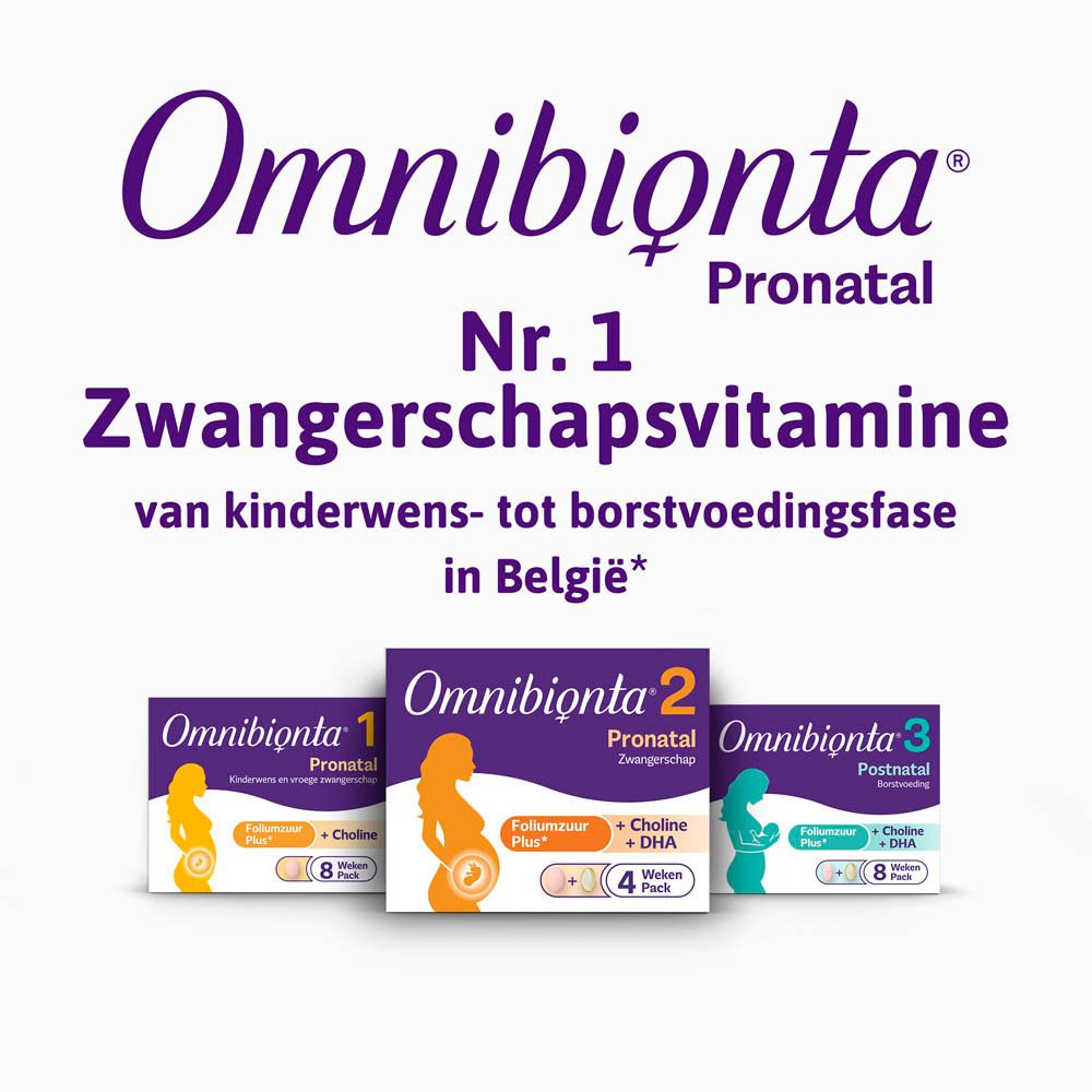 Omnibionta. Nr. 1 zwangerschapsvitamines. 3 dozen: 1, 2, 3. Tekst: Kinderwens tot borstvoedingsfase.