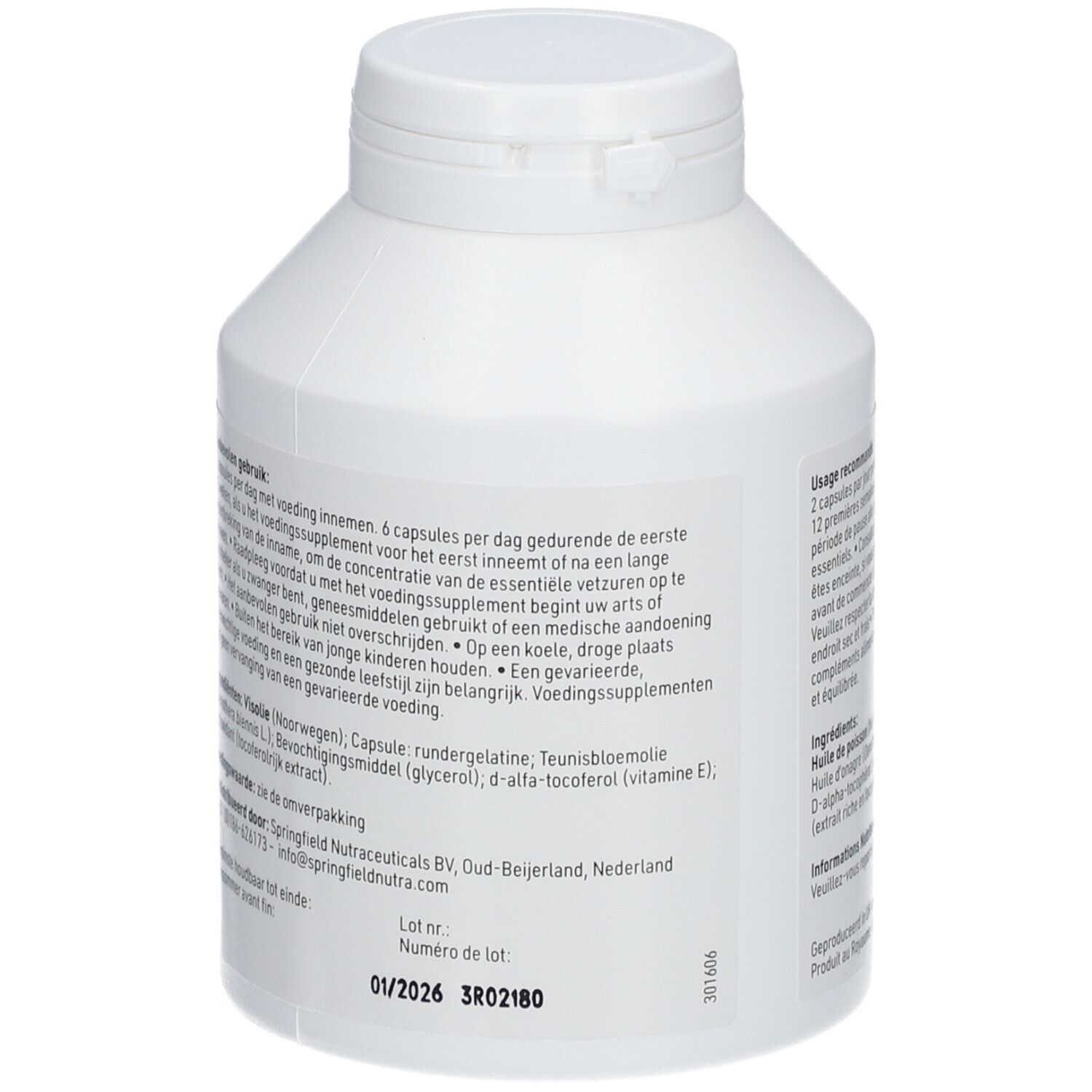 Rückseite der weißen Flasche. Textinformationen, darunter Inhaltsstoffe und Hersteller. Chargennummer und Verfallsdatum.