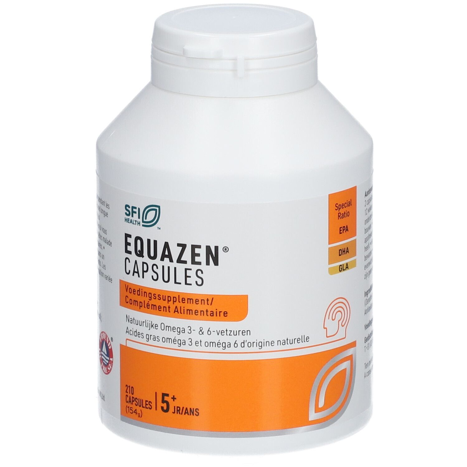 Weiße Flasche mit EQUAZEN CAPSULES-Etikett. Enthält 210 Kapseln. Orangefarbener Bereich mit Text. SFI Health Logo.