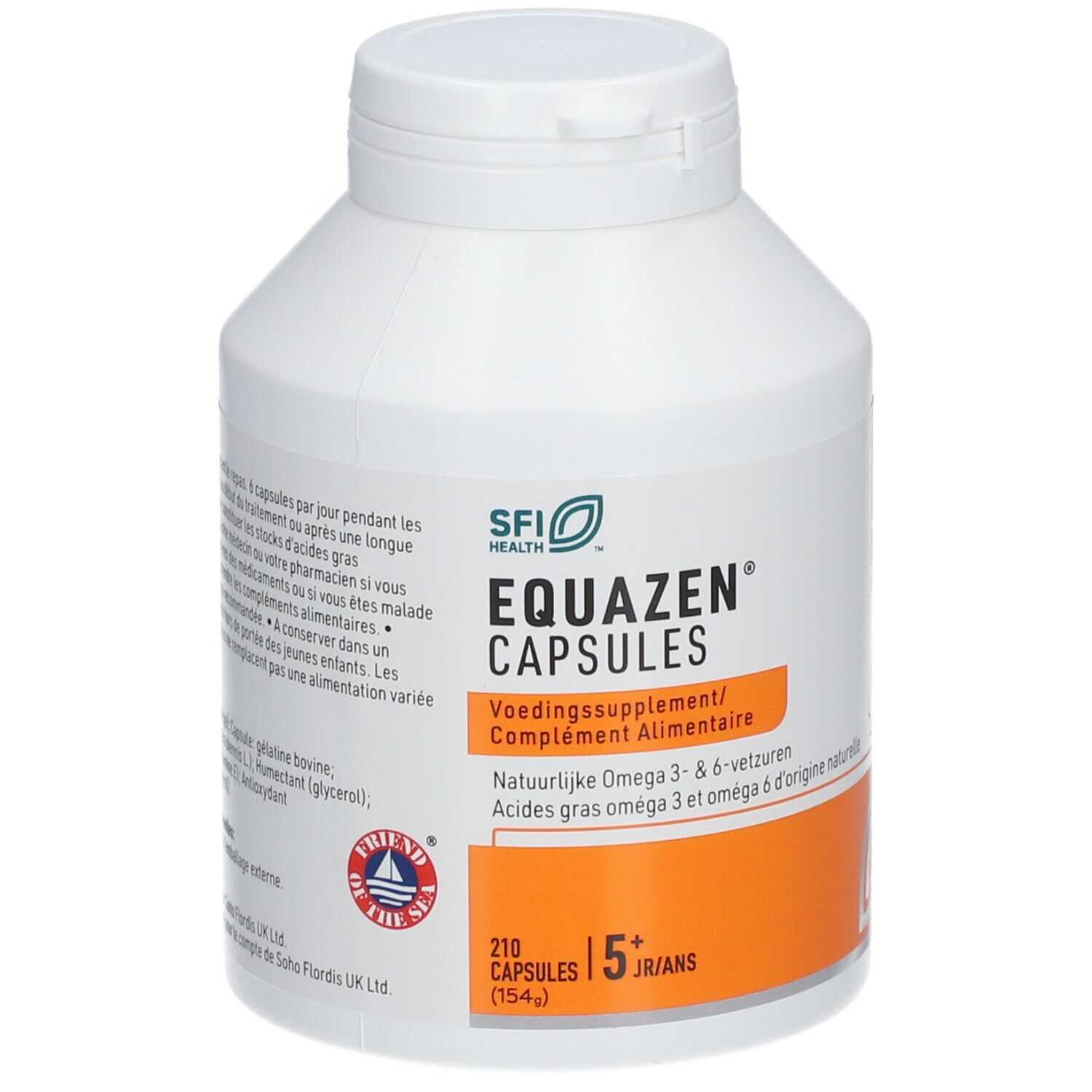 Weiße Flasche mit EQUAZEN CAPSULES-Etikett. Enthält 210 Kapseln. Orangefarbener Bereich mit Text. SFI Health Logo.