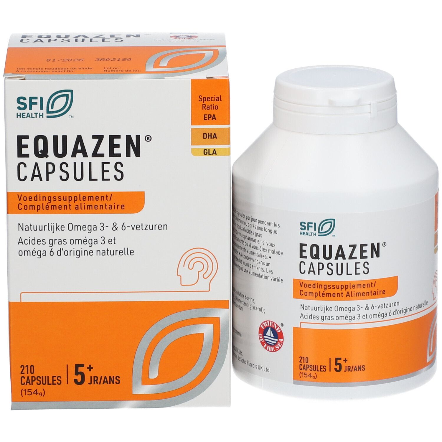 EQUAZEN CAPSULES Flasche und Schachtel. Enthält 210 Kapseln. Orangefarbener Bereich mit Text. SFI Health Logo.