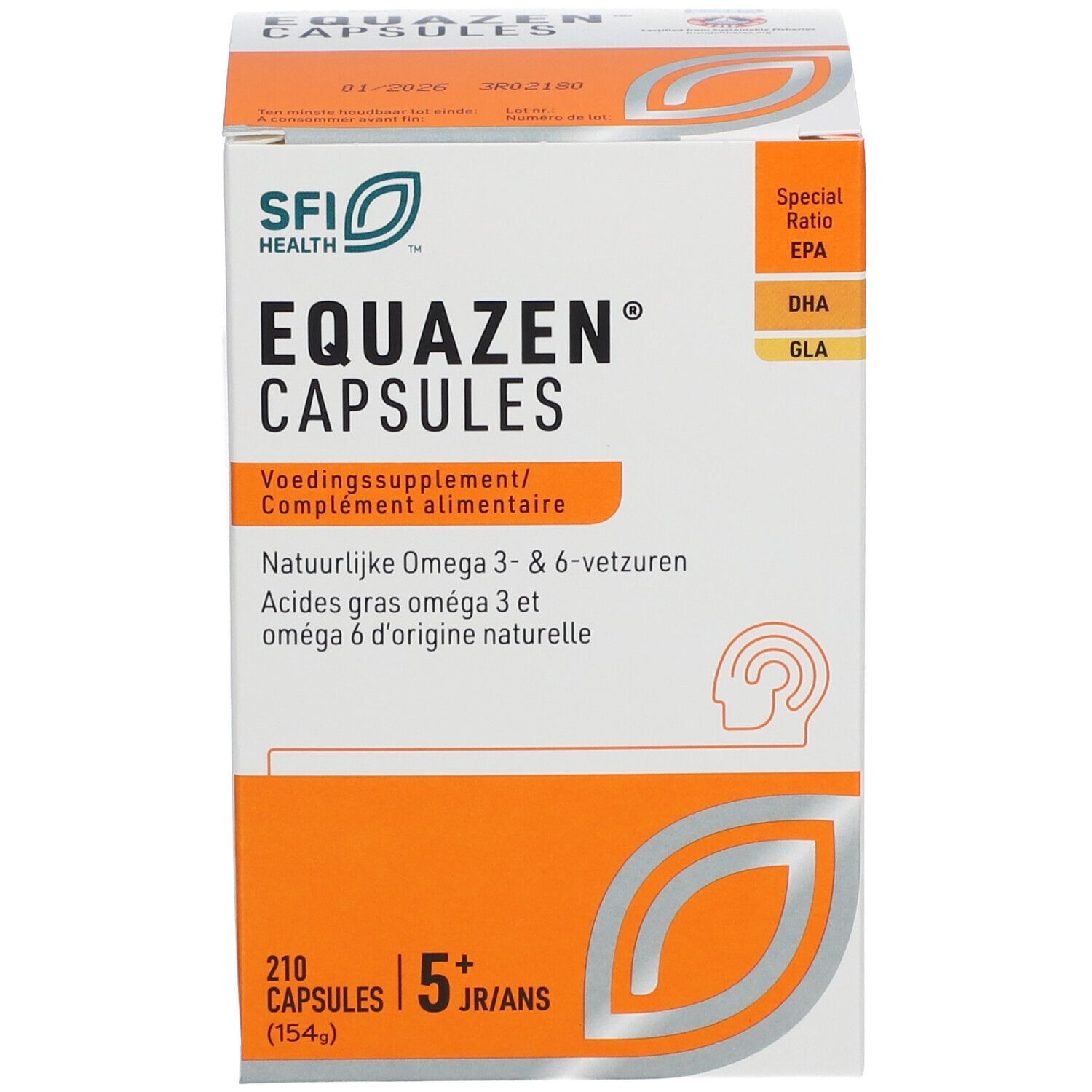 EQUAZEN CAPSULES Schachtel. Enthält 210 Kapseln. Orangefarbener Bereich mit Text. SFI Health Logo. 5+ JR/ANS.
