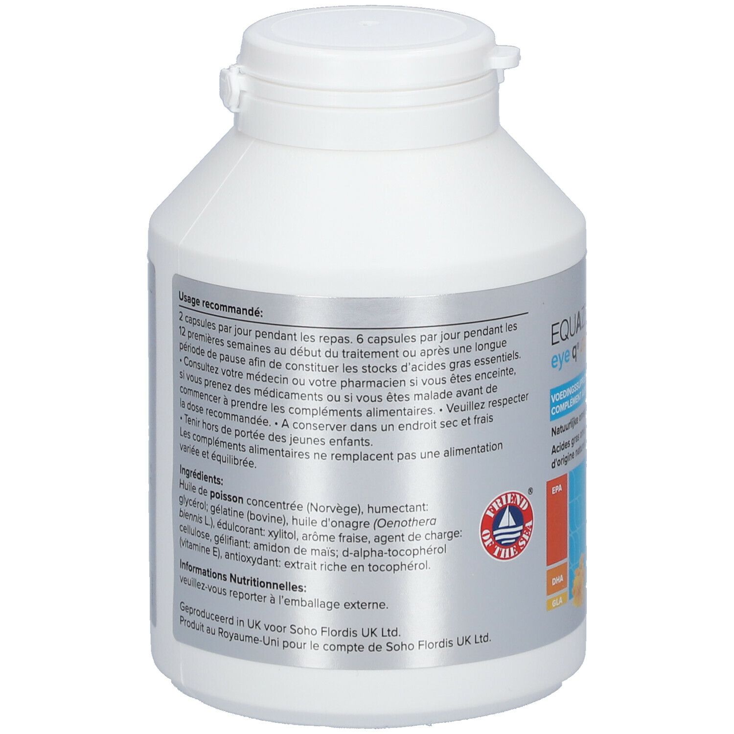 Rückseite einer weißen Flasche mit Produktinformationen. Text in mehreren Sprachen. Enthält Fischöl, Sonnenblumenöl, Vitamin E.
