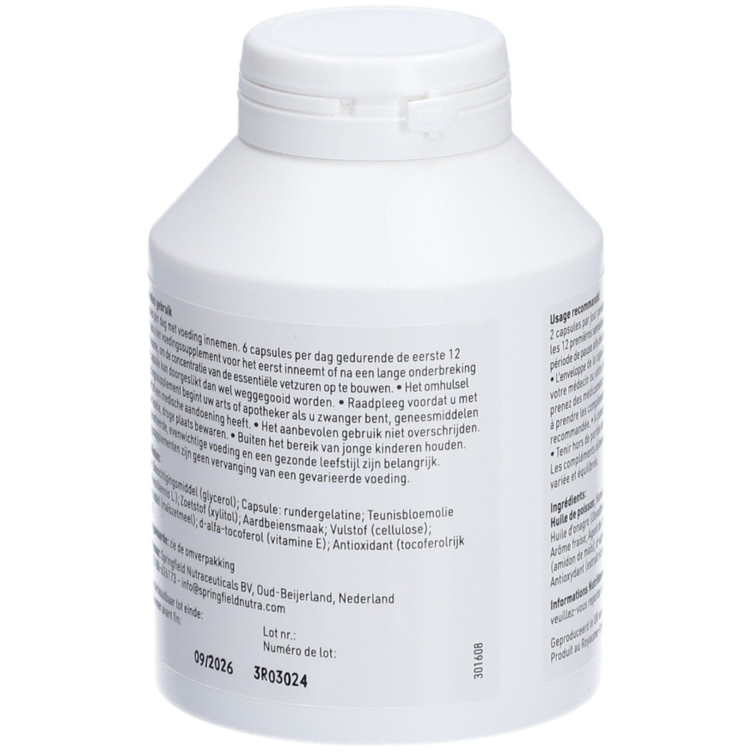 Rückseite einer weißen Flasche mit Produktinformationen. Text in Niederländisch. Enthält Glycerin, Gelatine, Sonnenblumenöl, Vitamin E.