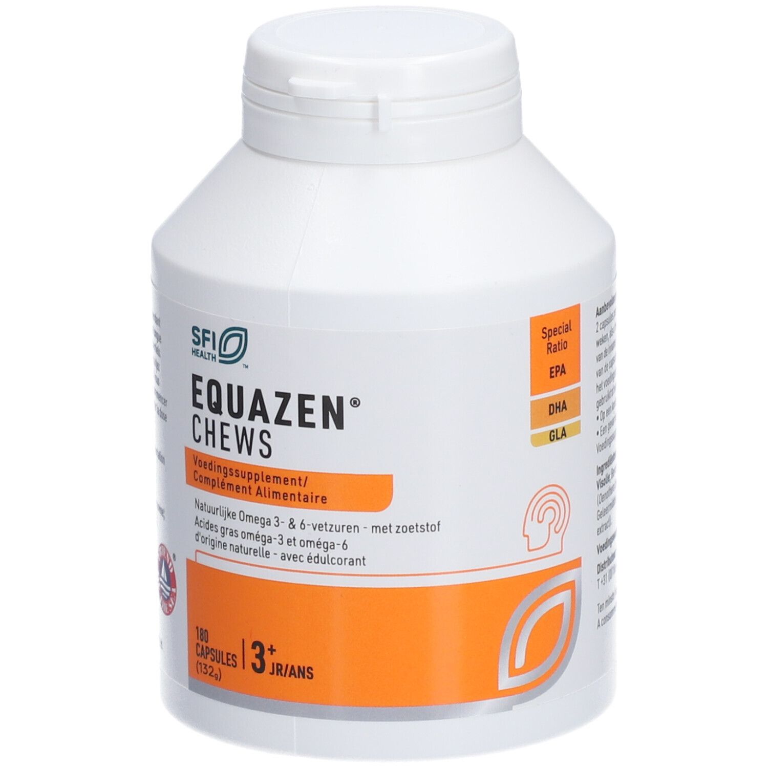 Weiße Flasche mit orangefarbenem Aufkleber. EQUAZEN® CHEWS, 180 Kapseln, 3+ Jahre. Enthält Omega-3 & 6 Fettsäuren.