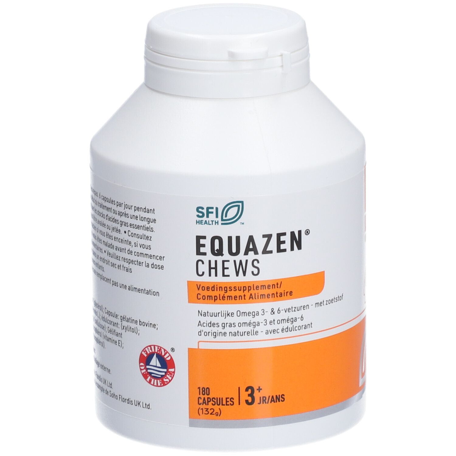 Weiße Flasche mit orangefarbenem Aufkleber. EQUAZEN® CHEWS, 180 Kapseln, 3+ Jahre. Enthält Omega-3 & 6 Fettsäuren.