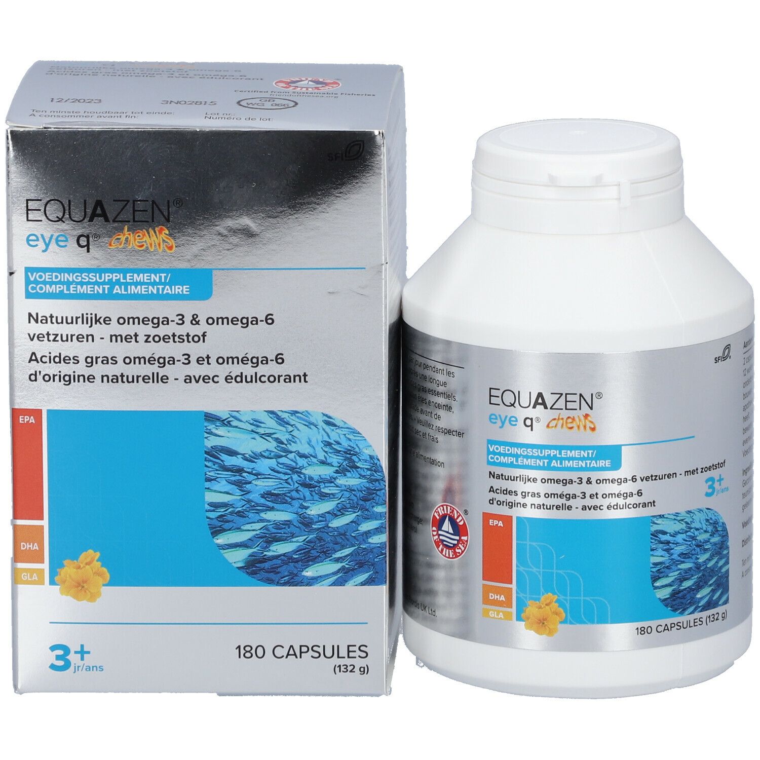 Produktverpackung mit Flasche und Schachtel. EQUAZEN® eye q® chews. 180 Kapseln, 3+ Jahre. Blaue und orangefarbene Elemente.
