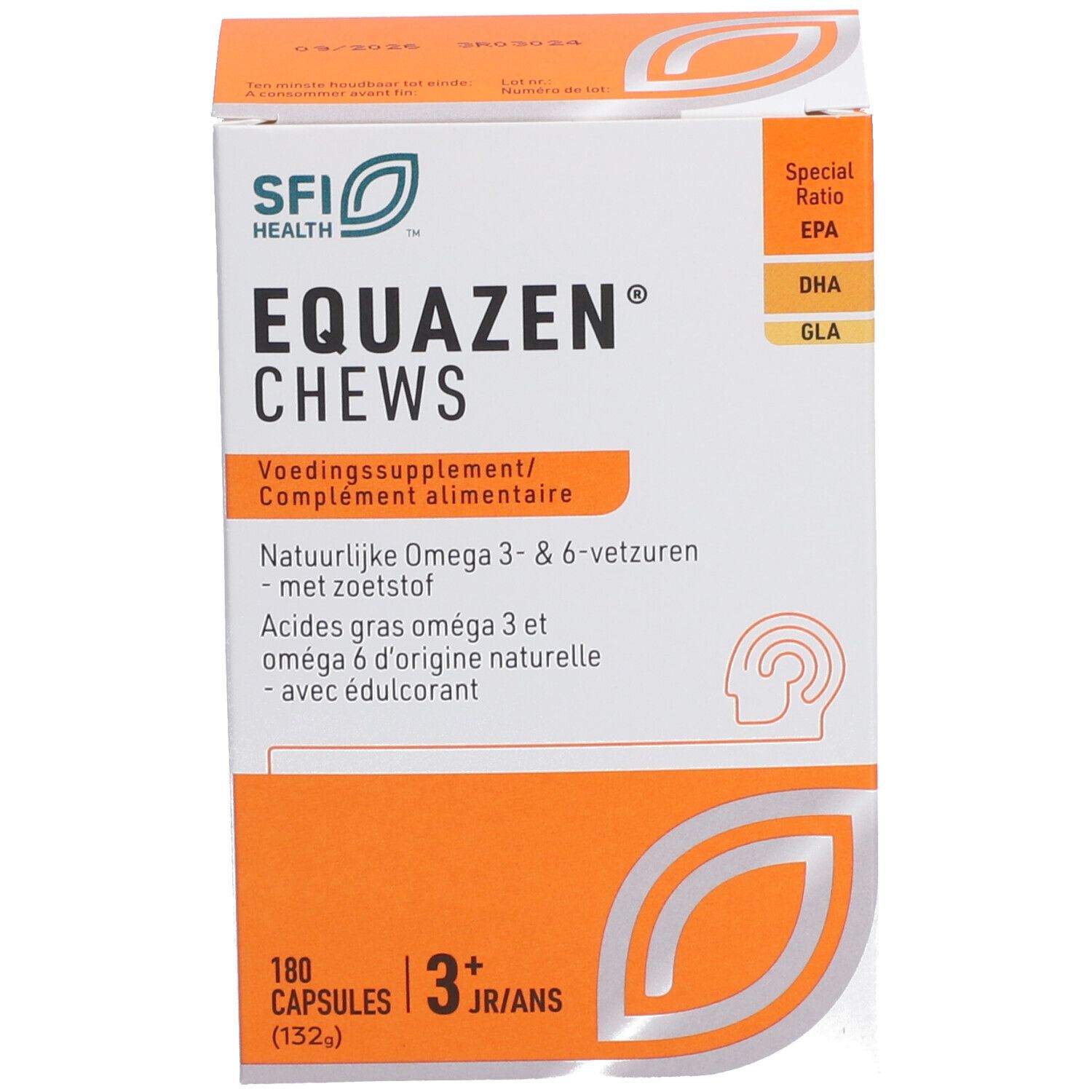 Produktverpackung. EQUAZEN® CHEWS, 180 Kapseln, 3+ Jahre. Enthält Omega-3 & 6 Fettsäuren. Orangefarbenes Design.