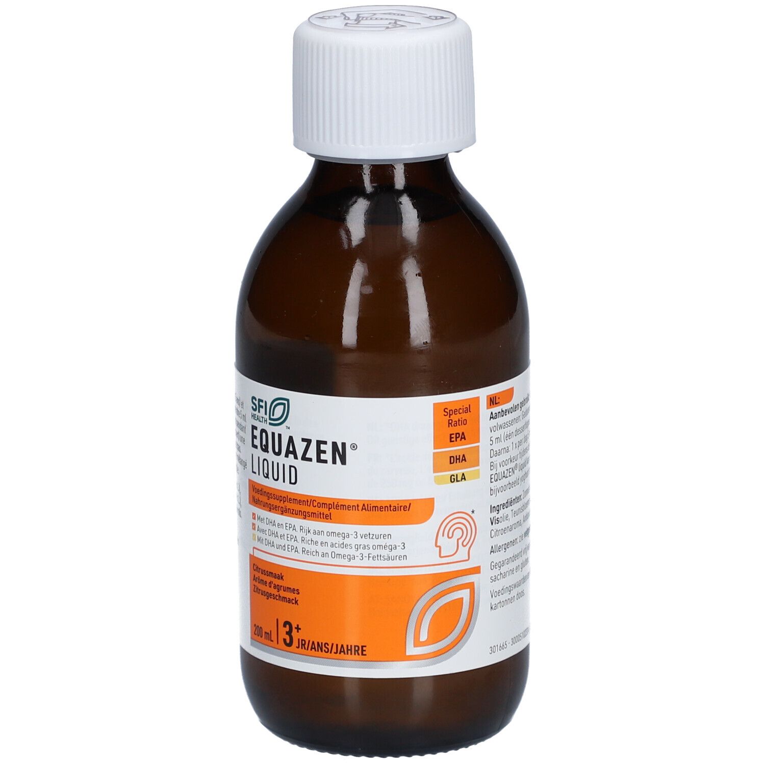 Flacon en verre brun, bouchon blanc. Inscription EQUAZEN Liquid. 200 ml, à partir de 3 ans. Goût orange.