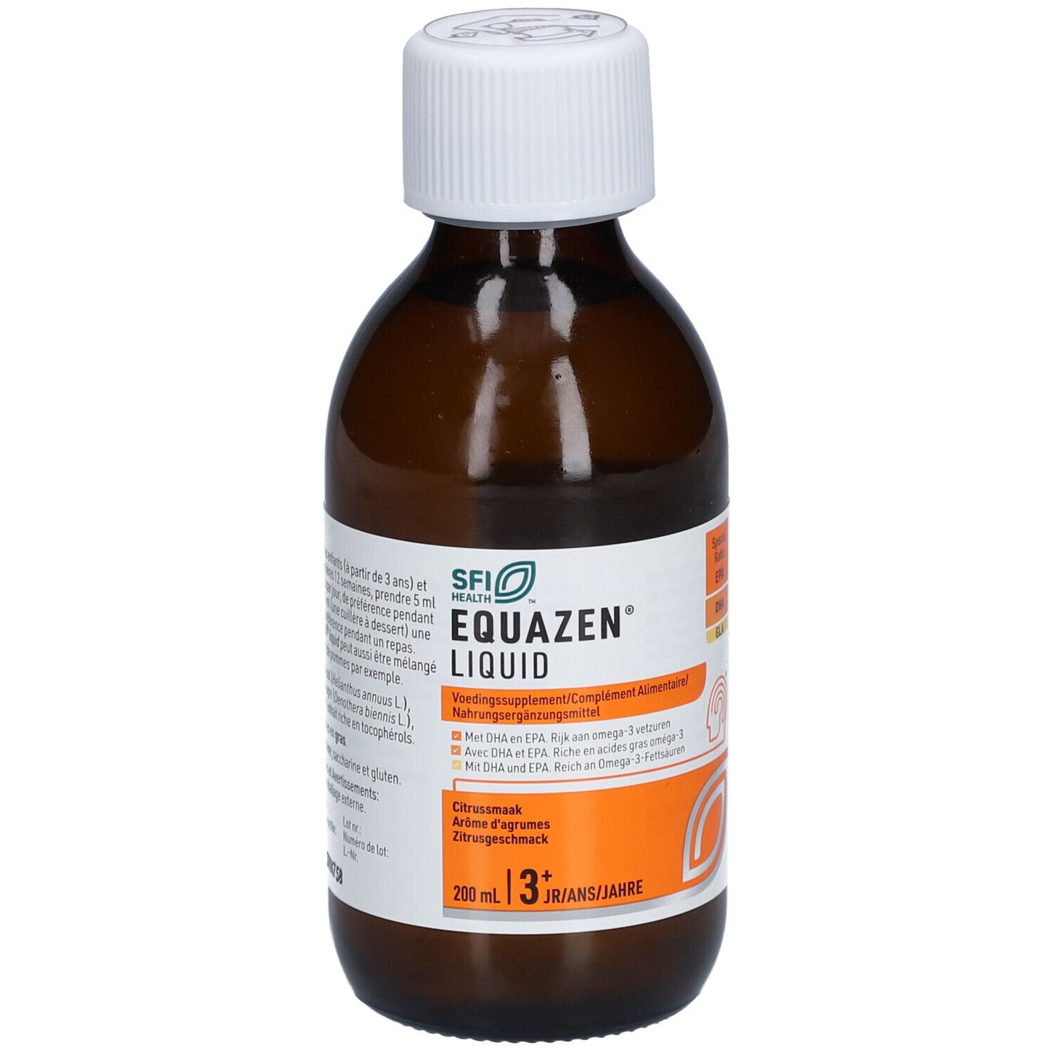 Flacon en verre brun, bouchon blanc. Inscription EQUAZEN Liquid. 200 ml, à partir de 3 ans. Goût orange.