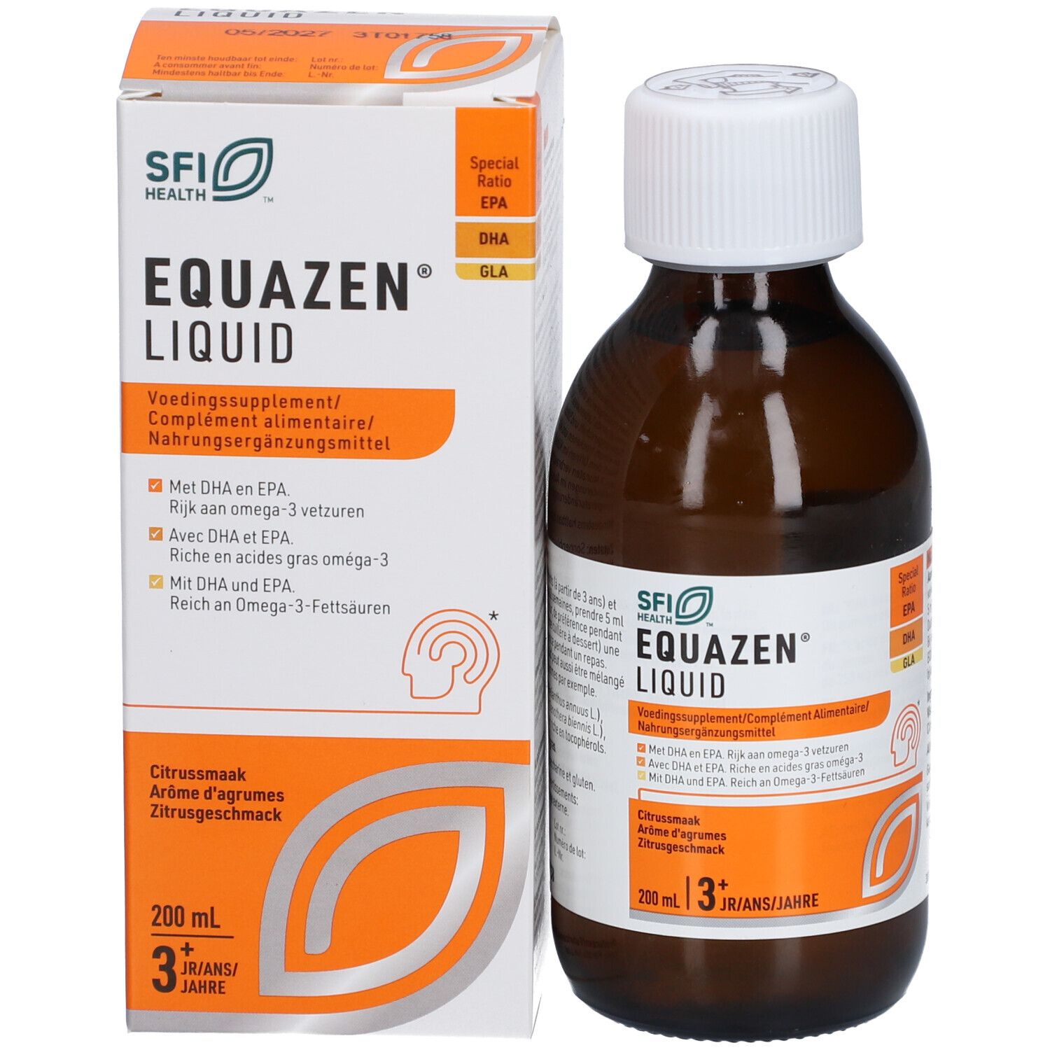 Emballage du produit avec flacon. Inscription EQUAZEN Liquid. 200 ml, à partir de 3 ans. Goût orange. Avec DHA et EPA.
