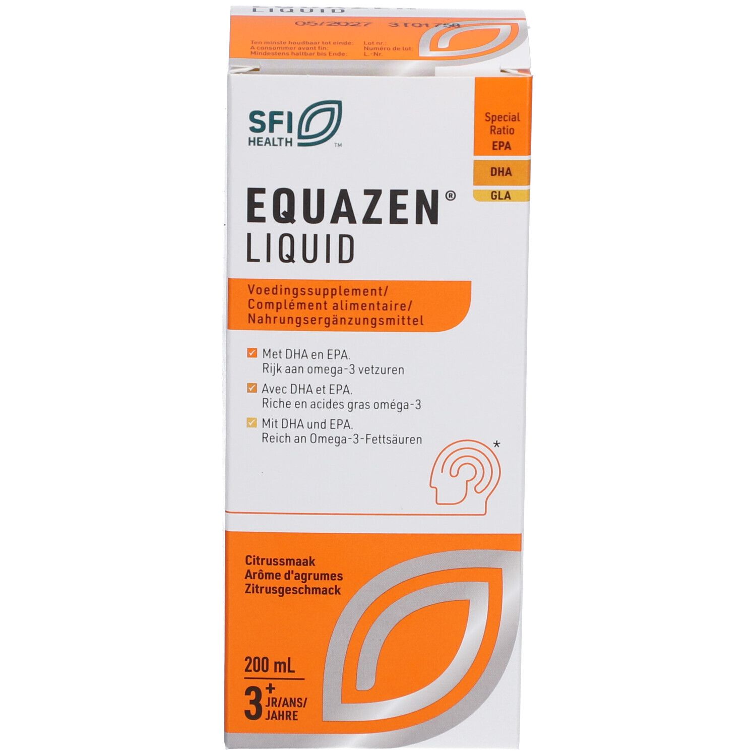 Emballage du produit. Inscription EQUAZEN Liquid. 200 ml, à partir de 3 ans. Goût orange. Avec DHA et EPA.