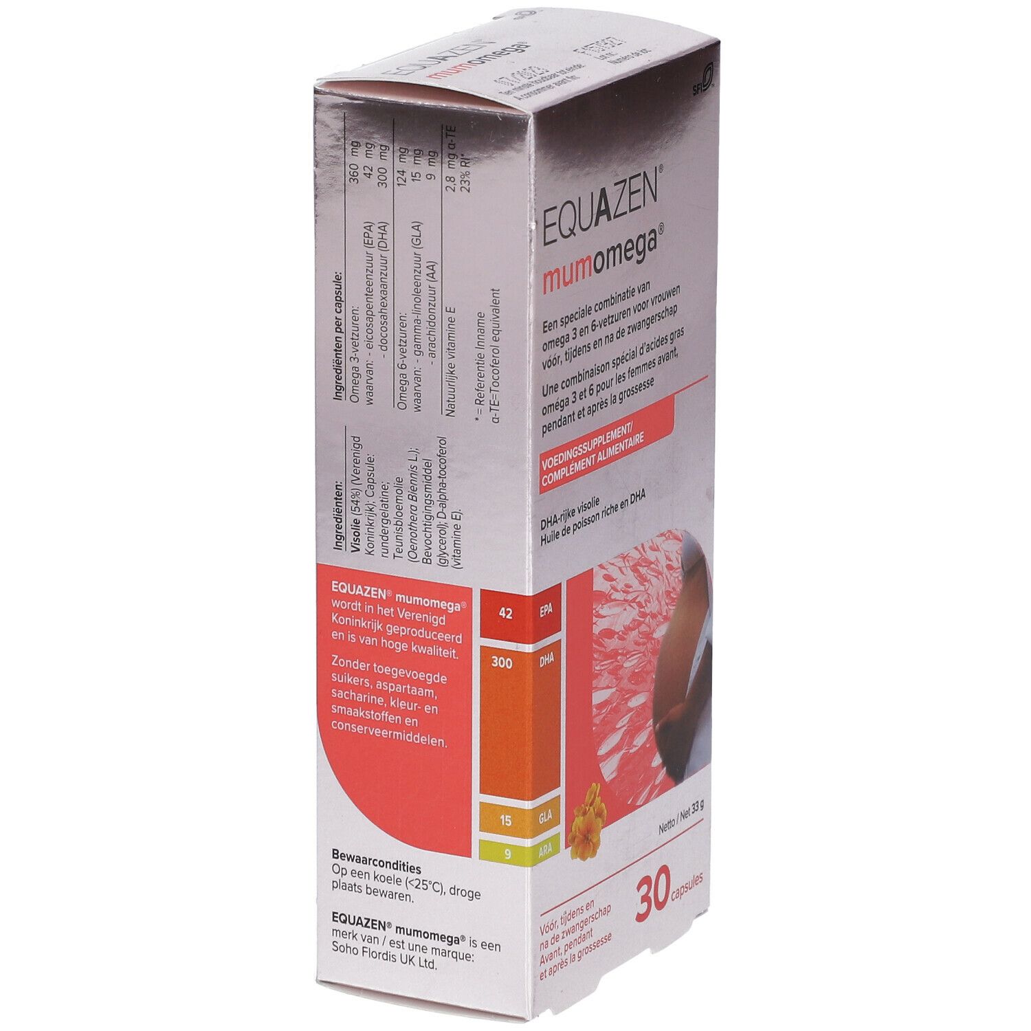 Zijaanzicht van de EQUAZEN mumomega verpakking. Bevat 30 capsules. Informatie over ingrediënten en voedingswaarde.