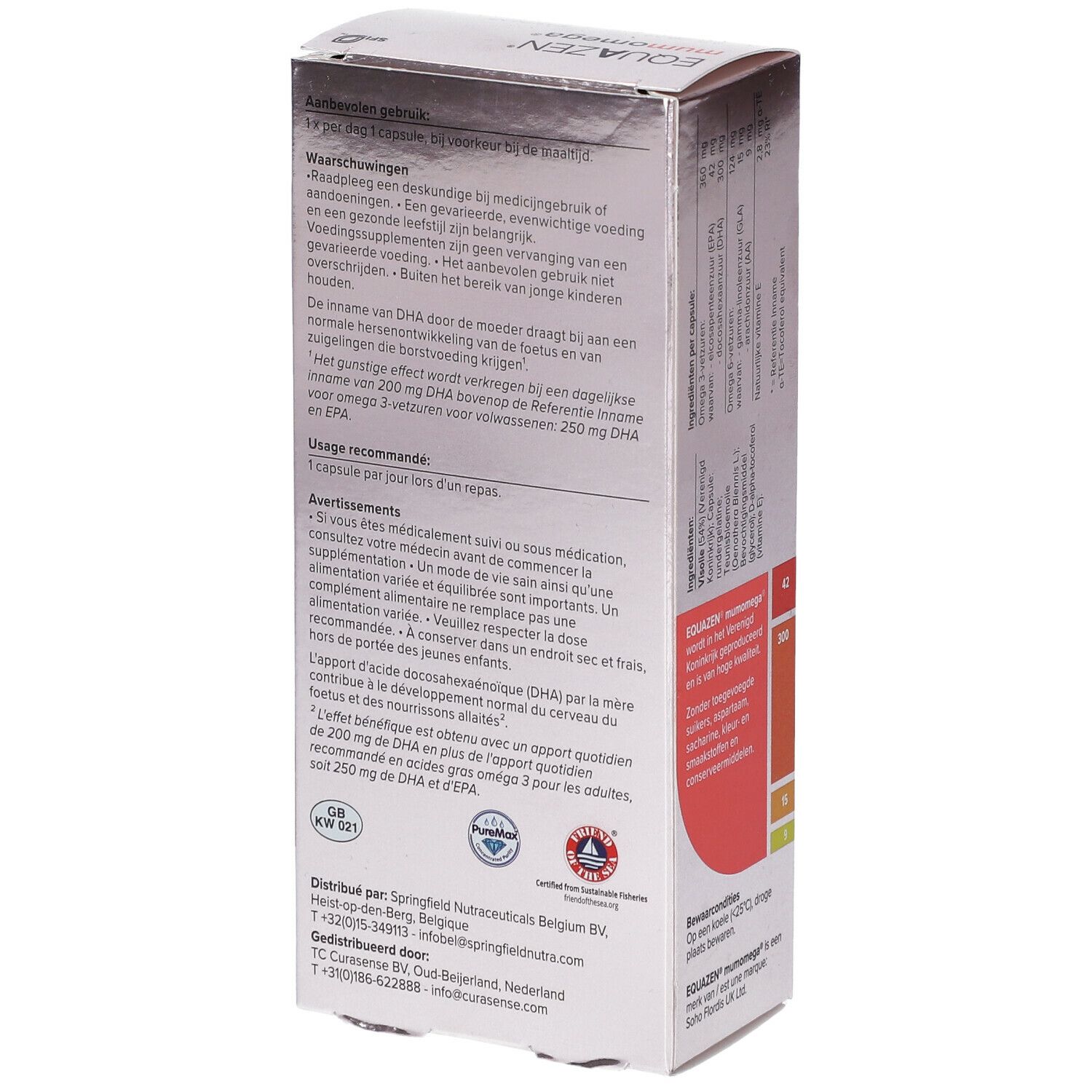 Achterkant van de EQUAZEN mumomega verpakking. Tekst over gebruiksaanwijzingen en waarschuwingen. Bevat 30 capsules.