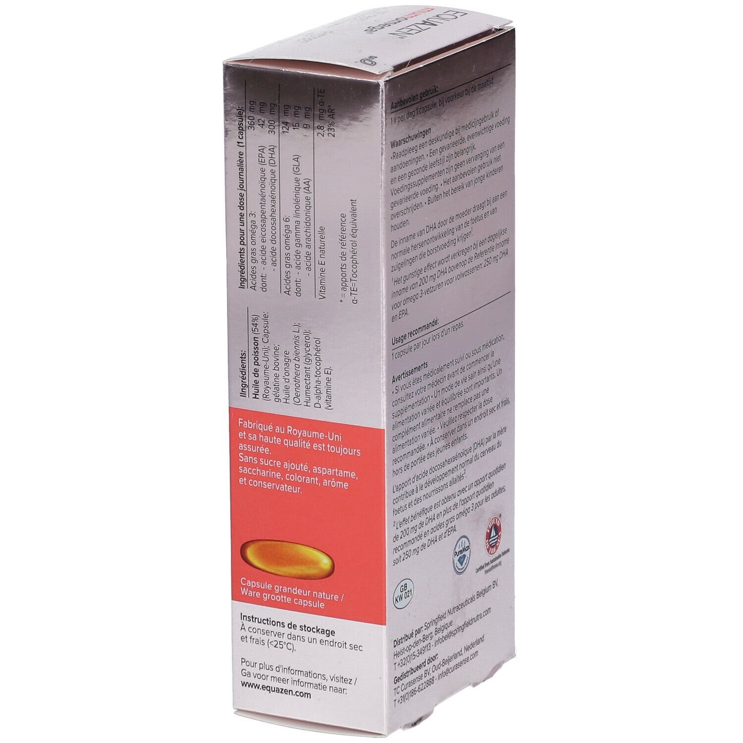 Zijaanzicht van de EQUAZEN mumomega verpakking. Informatie over ingrediënten en opslag. Bevat 30 capsules.