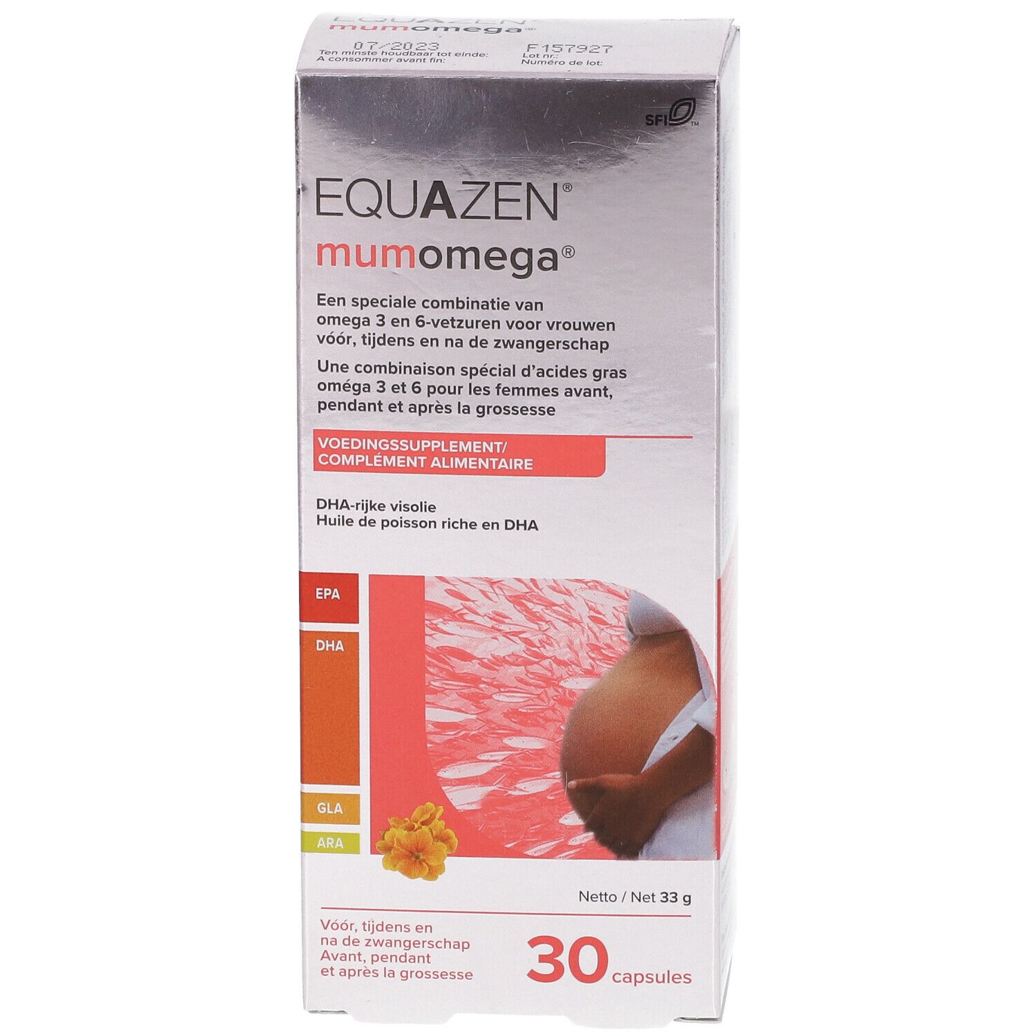Verpakking van EQUAZEN mumomega. Bevat 30 capsules. Opschrift: DHA-rijke visolie, visolie rijk aan DHA.
