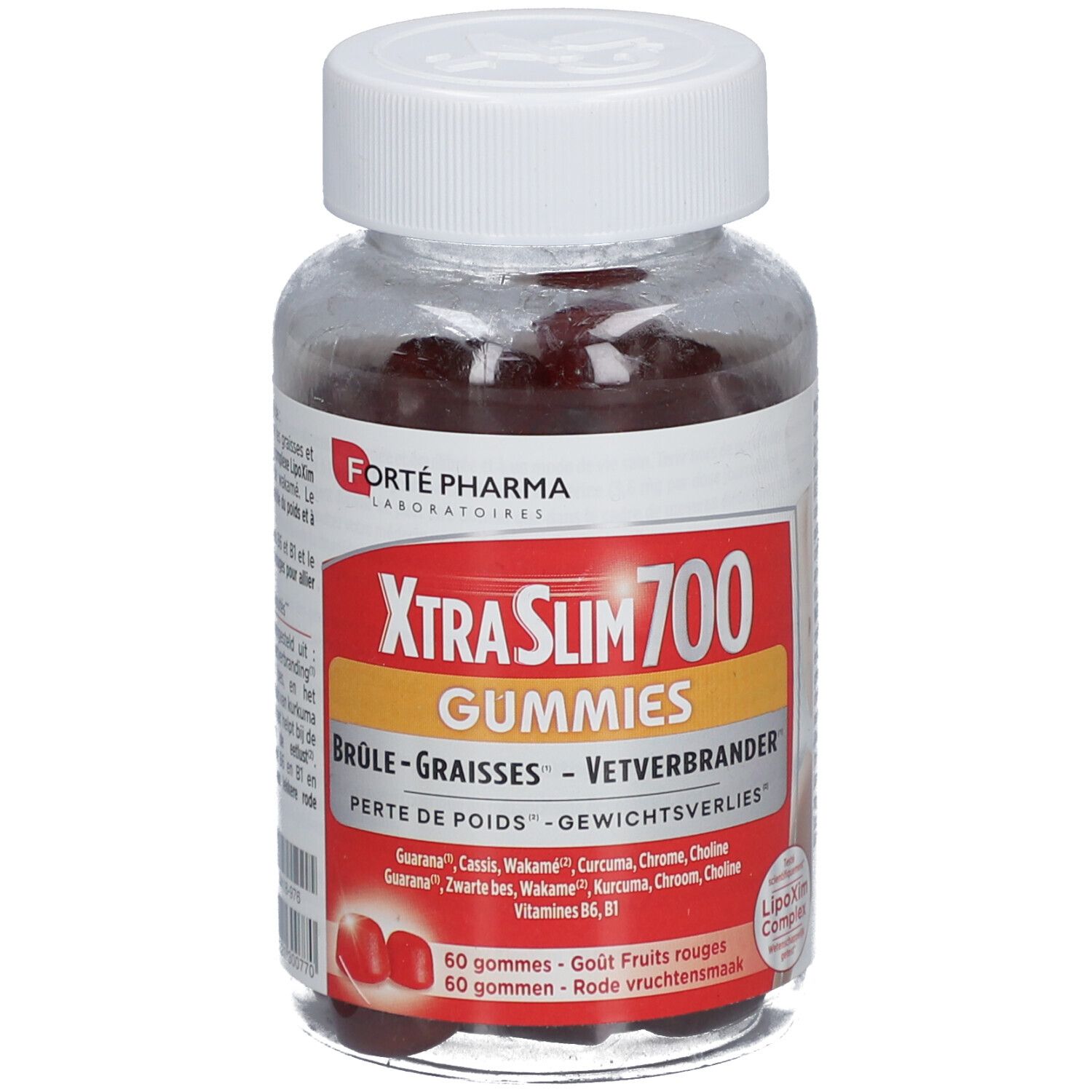 Transparante pot met rode gummies. Label XtraSlim 700 Gummies. Merk: Forté Pharma. Witte dop.