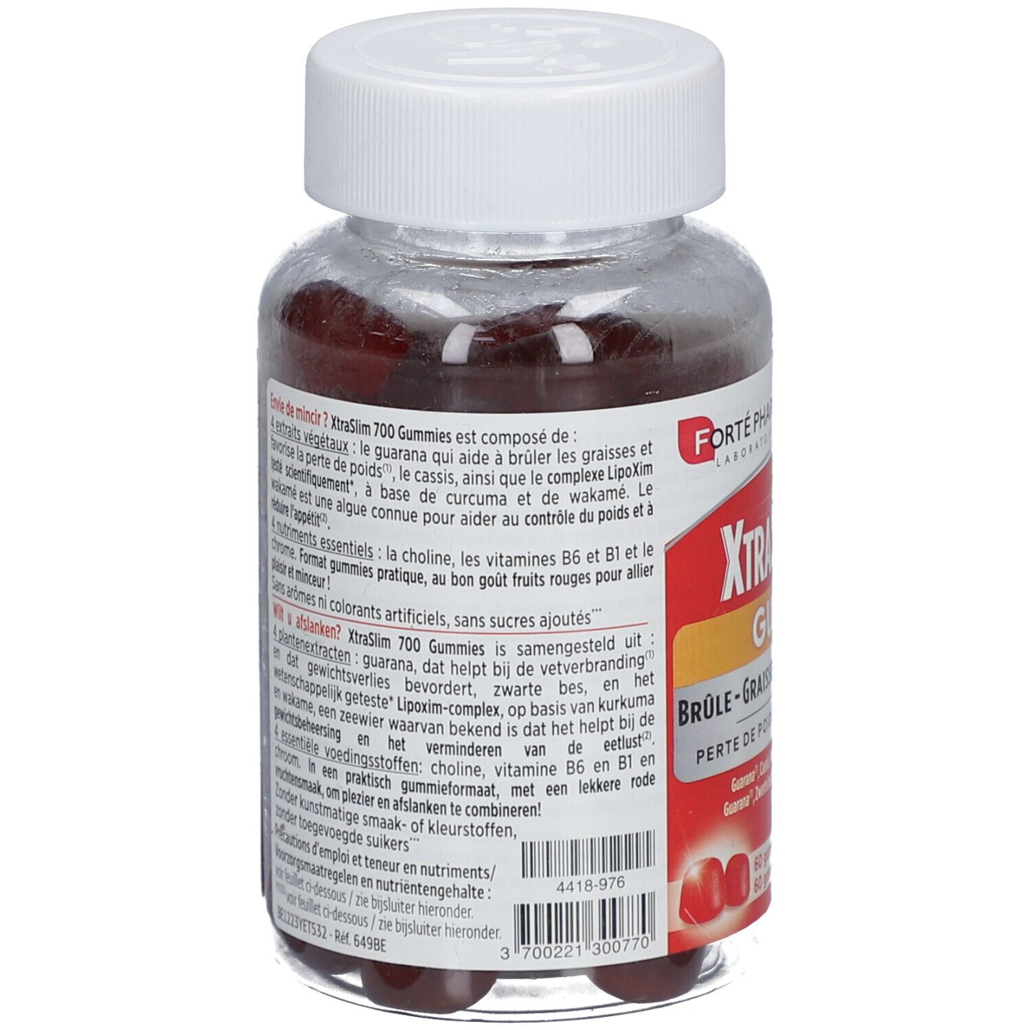 Achterkant van een pot met rode gummies. Tekst XtraSlim 700 Gummies. Merk: Forté Pharma. Ingrediënten en instructies.