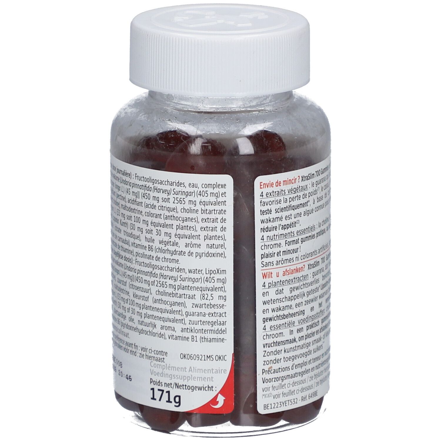 Achterkant van een pot met rode gummies. Tekst XtraSlim 700 Gummies. Merk: Forté Pharma. Ingrediënten en gewicht.