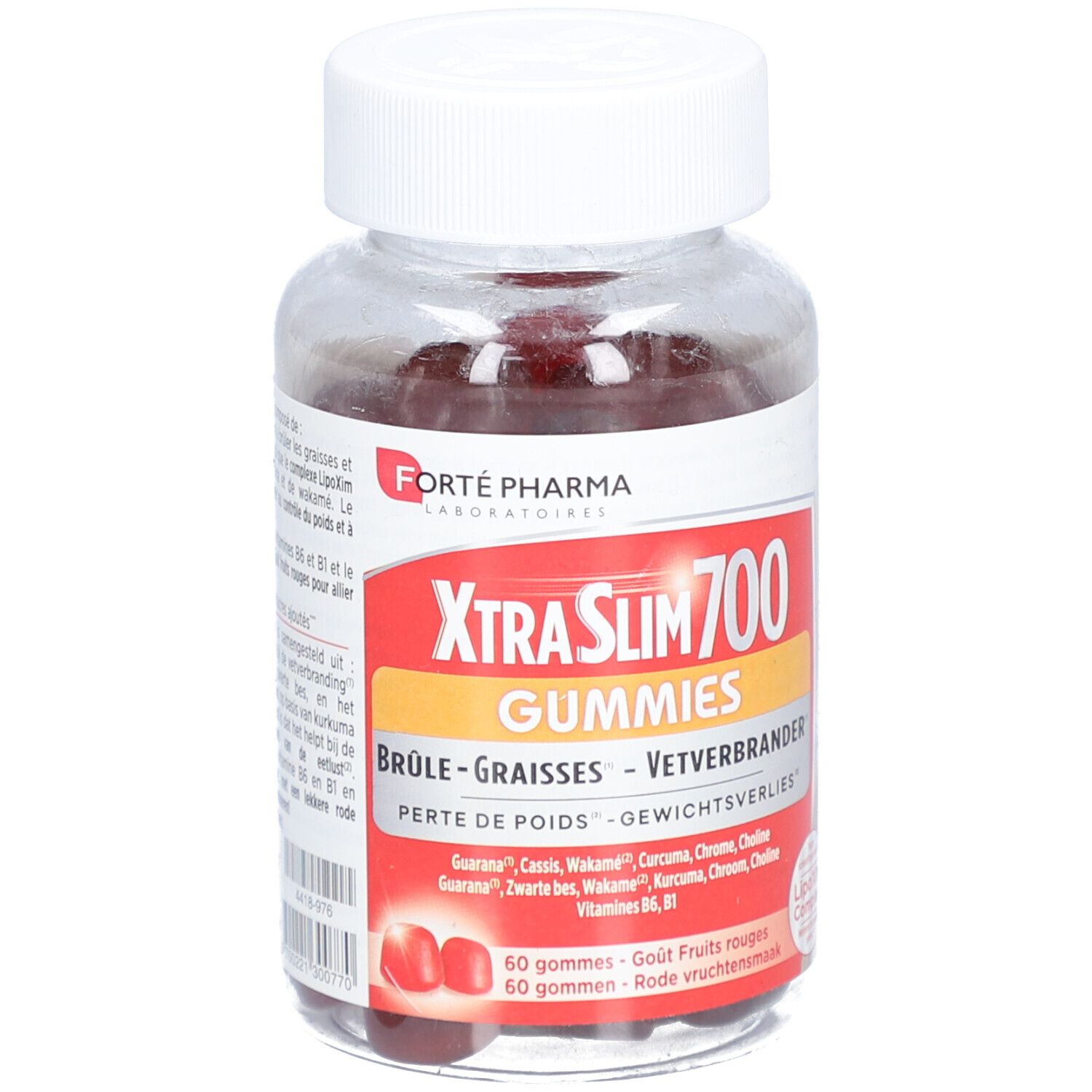 Transparante pot met rode gummies. Label XtraSlim 700 Gummies. Merk: Forté Pharma. Witte dop.