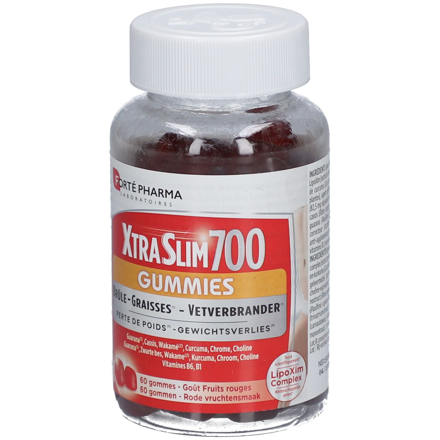 Transparante pot met rode gummies. Label XtraSlim 700 Gummies. Merk: Forté Pharma. Witte dop.