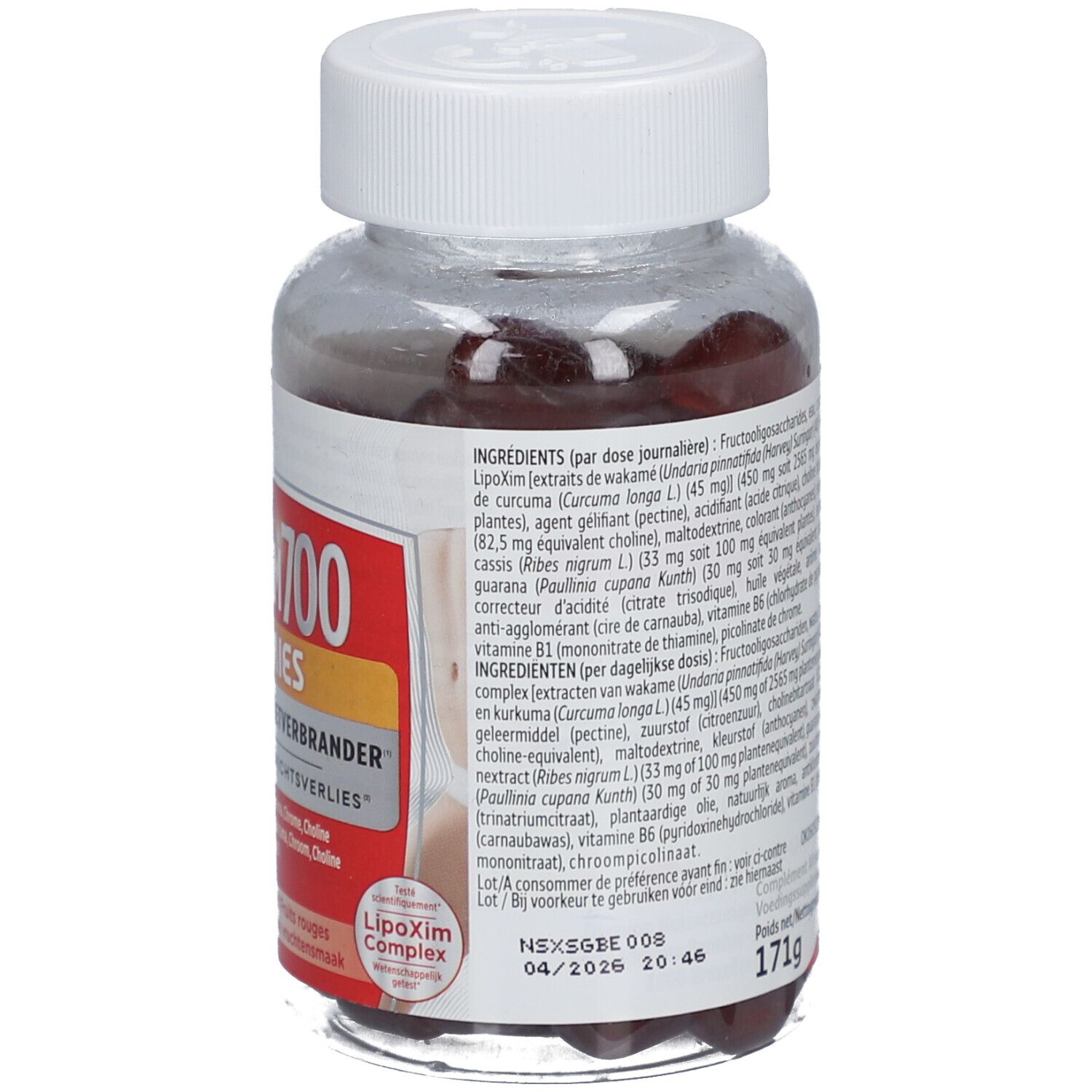 Achterkant van een pot met rode gummies. Tekst XtraSlim 700 Gummies. Merk: Forté Pharma. Ingrediënten en houdbaarheidsdatum.