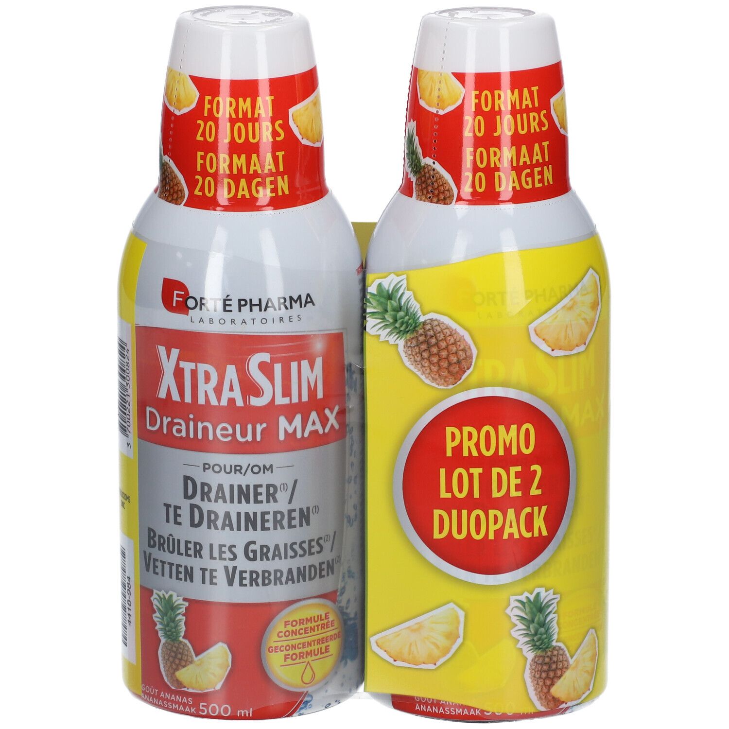 Twee flessen Forte Pharma XtraSlim Drainant Max Ananas. Duo-Pack. Opschrift: Formaat 20 dagen. Ananas illustraties.
