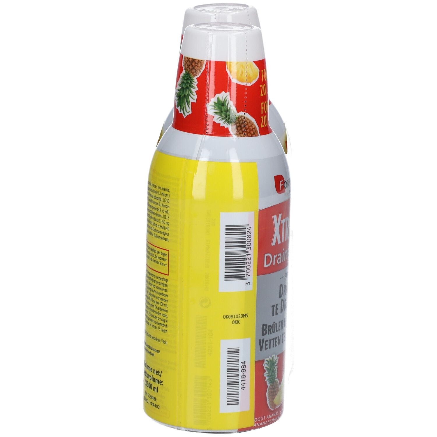 Achterkant van twee flessen Forte Pharma XtraSlim Drainant Max Ananas. Gele achtergrond met tekst en barcode.