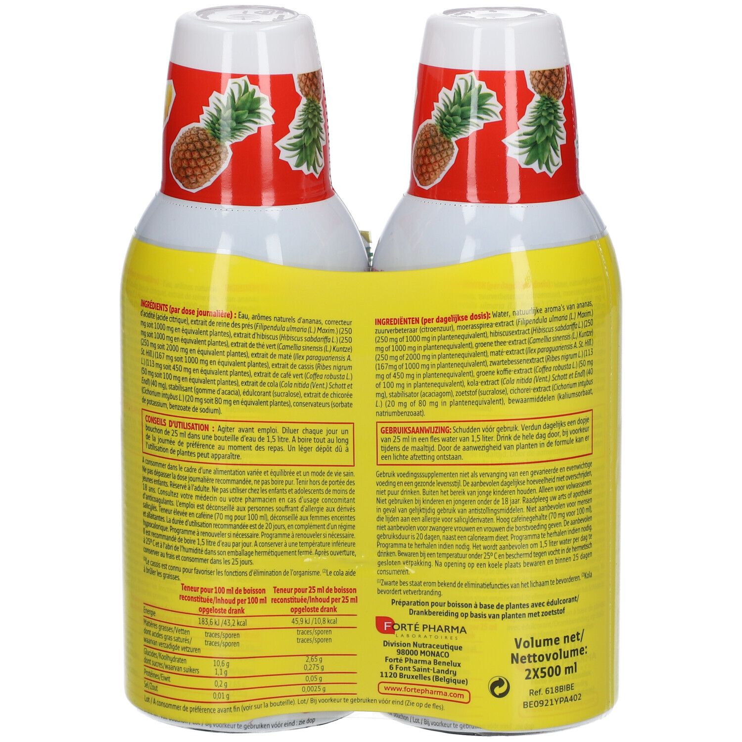 Achterkant van twee flessen Forte Pharma XtraSlim Drainant Max Ananas. Gele achtergrond met tekst over ingrediënten en gebruik.