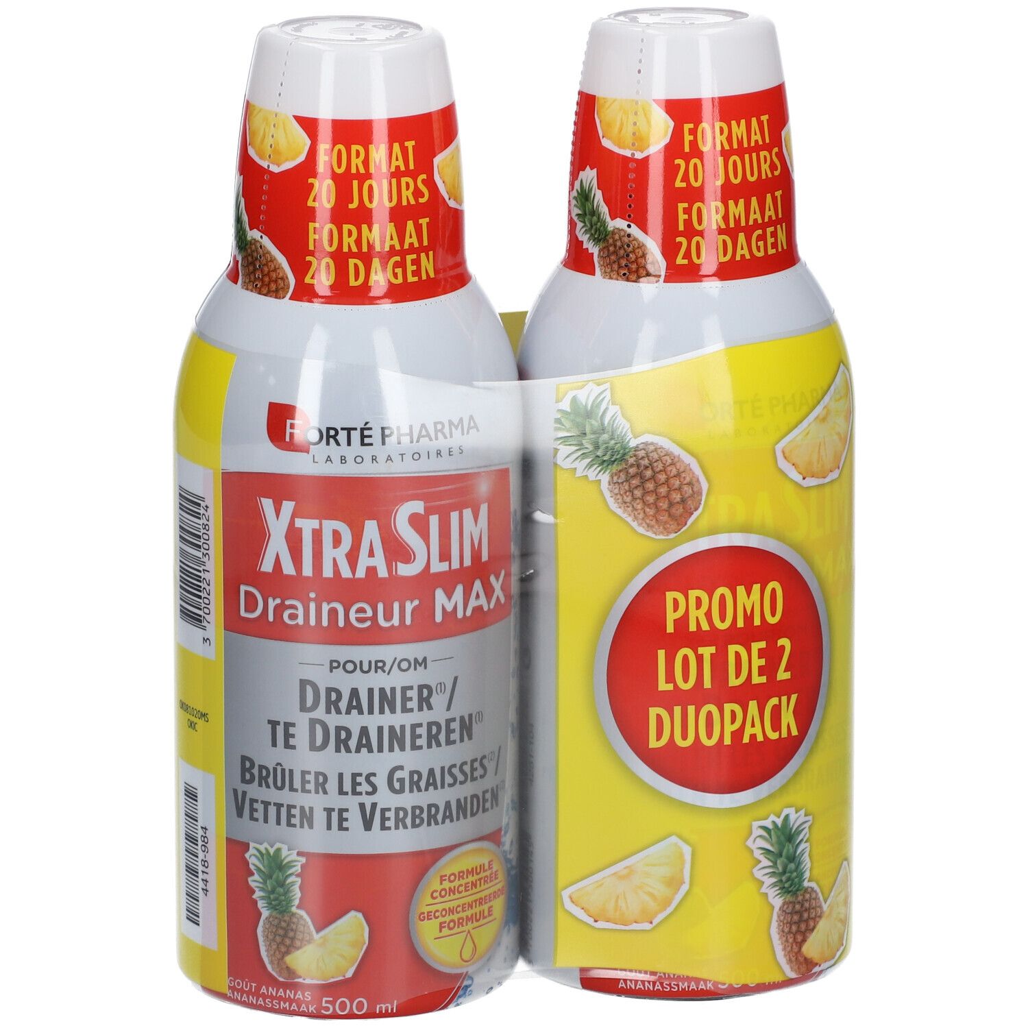 Twee flessen Forte Pharma XtraSlim Drainant Max Ananas. Duo-Pack. Opschrift: Formaat 20 dagen. Ananas illustraties.