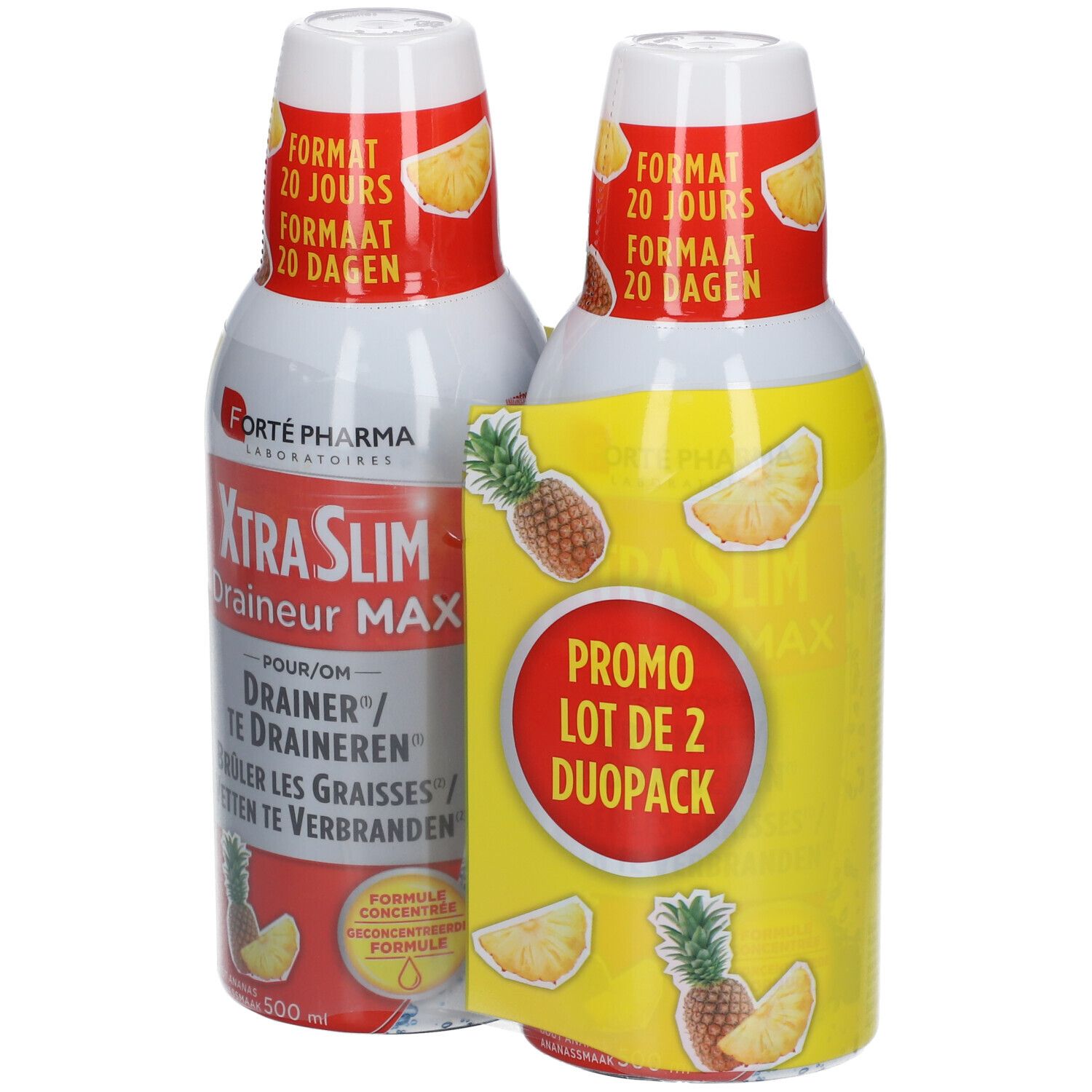 Twee flessen Forte Pharma XtraSlim Drainant Max Ananas. Duo-Pack. Opschrift: Formaat 20 dagen. Ananas illustraties.
