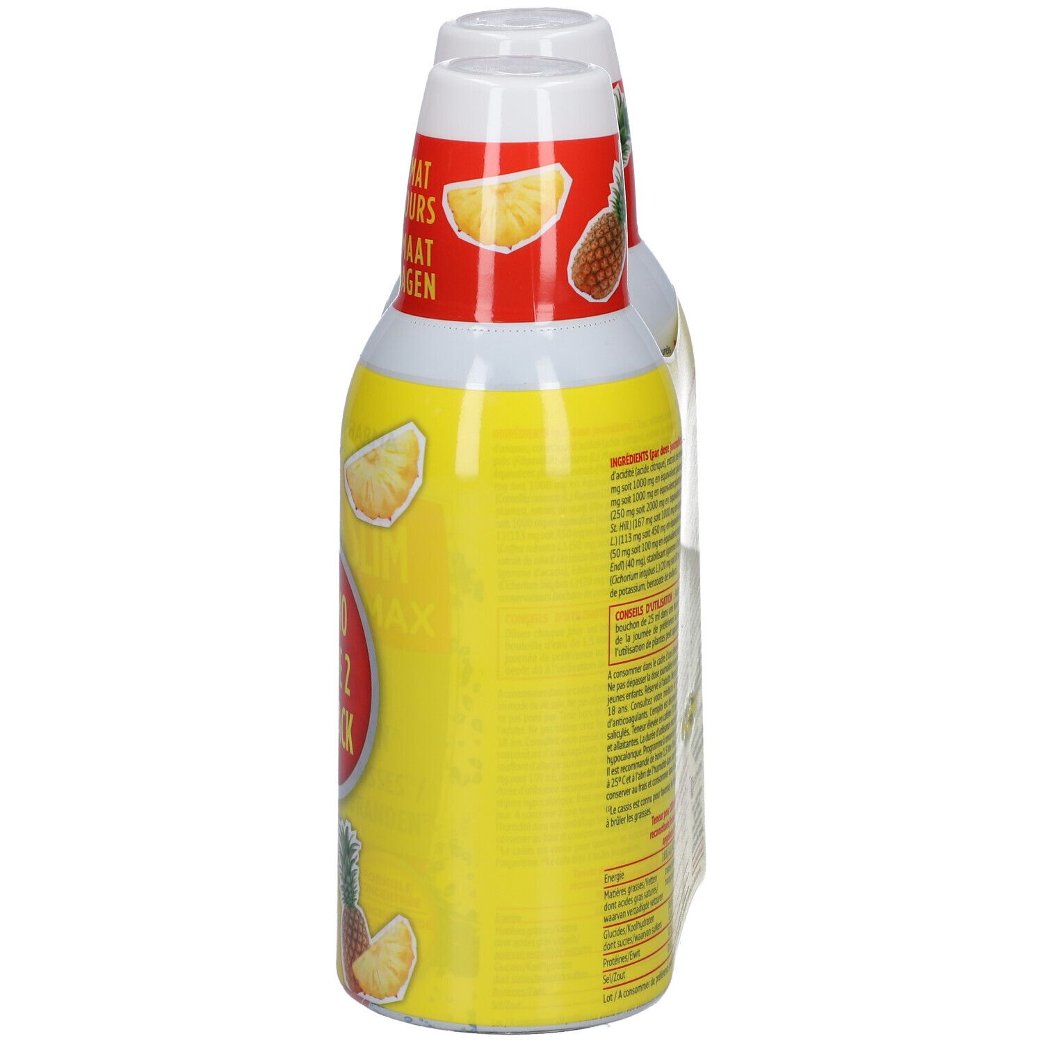 Zijkant van twee flessen Forte Pharma XtraSlim Drainant Max Ananas. Gele achtergrond met tekst en ananas illustraties.