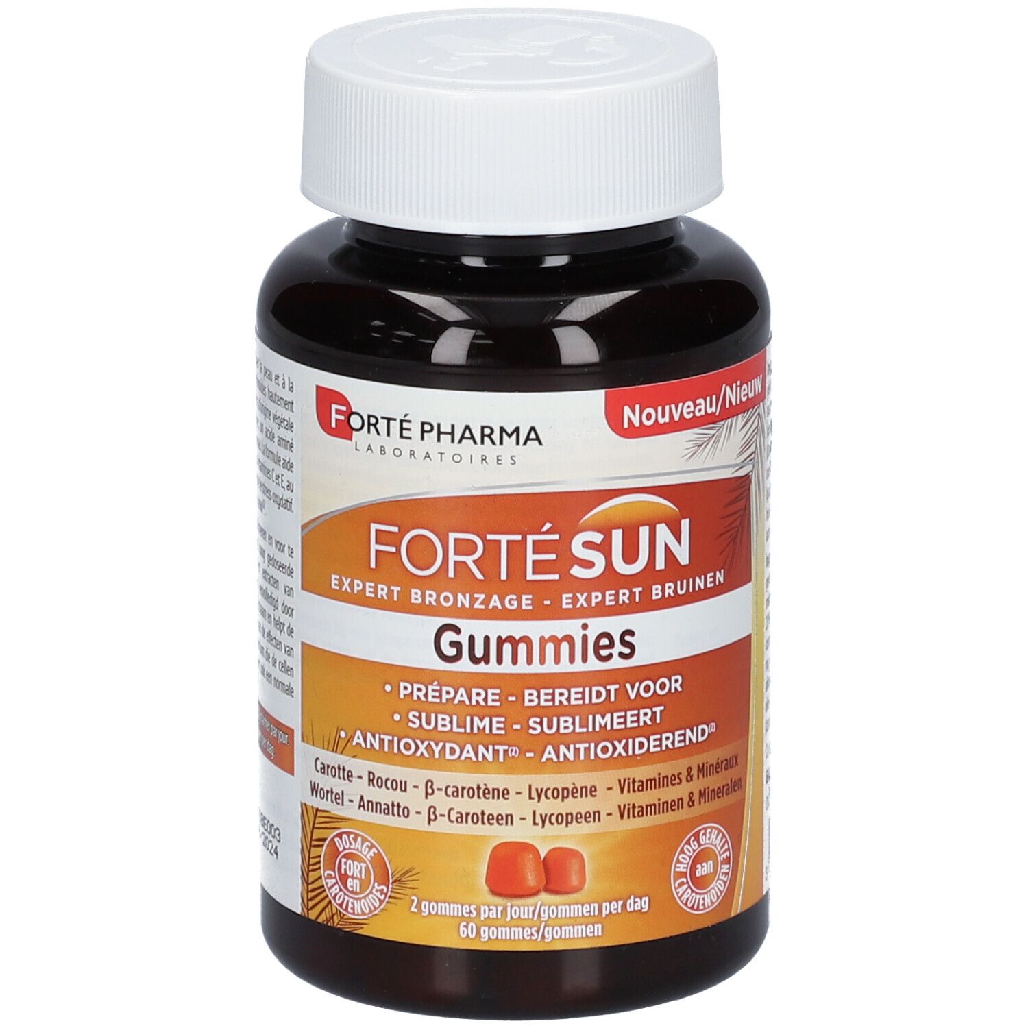 Bruine fles met witte dop. Opschrift: FORTÉ SUN Gummies. Twee oranje gummies afgebeeld.