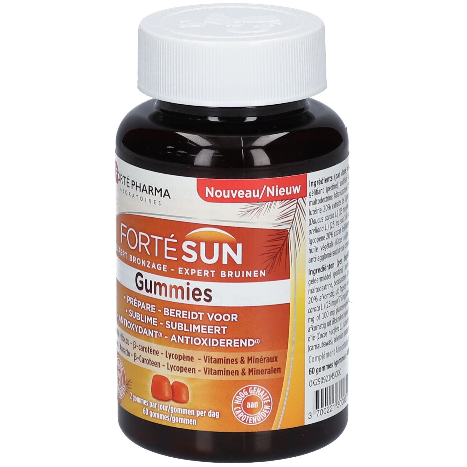 Bruine fles met witte dop. Opschrift: FORTÉ SUN Gummies. Twee oranje gummies afgebeeld.