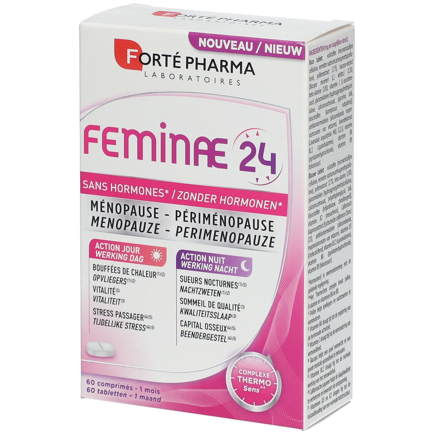 Boîte Feminae 24, sans hormones. Contient 60 comprimés. Inscriptions en français, allemand et néerlandais. Design rose et blanc.