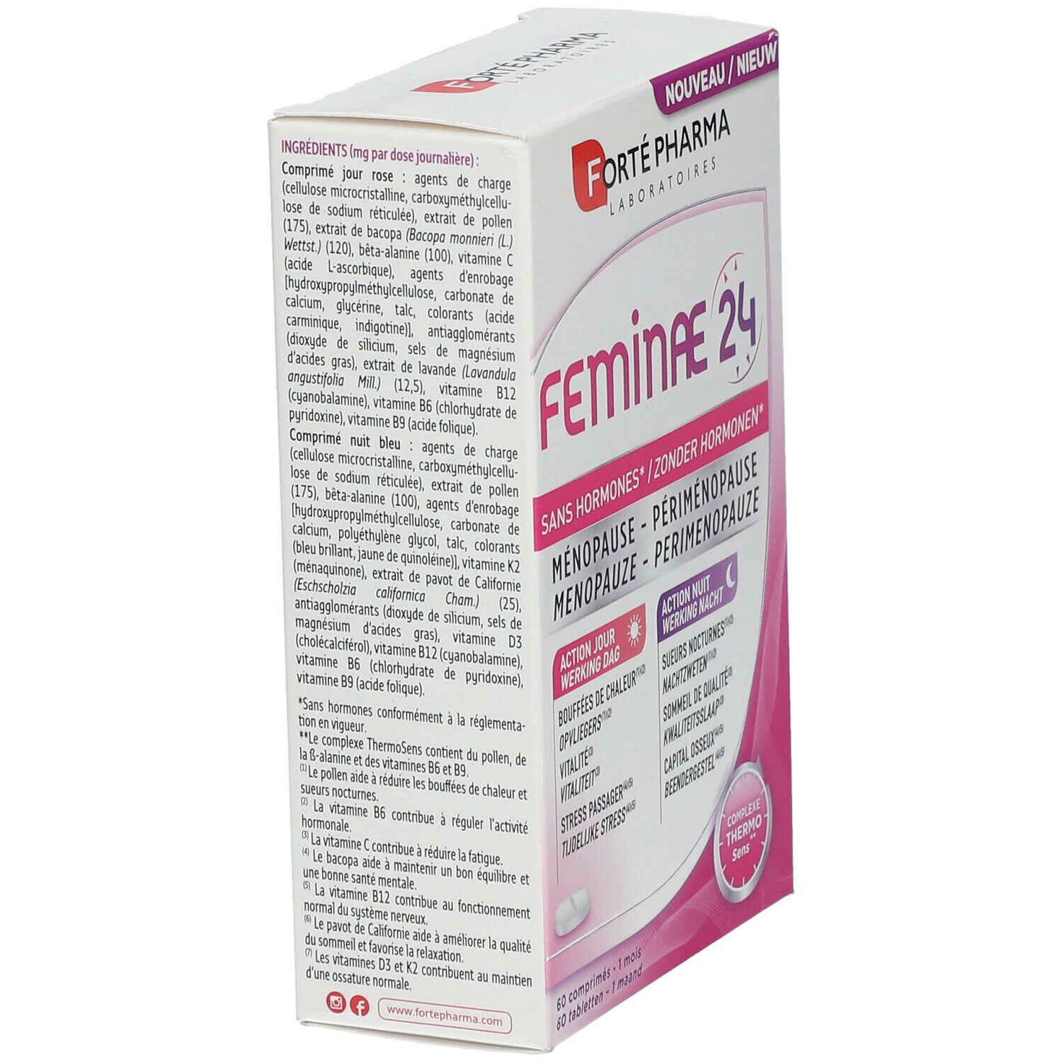 Emballage Feminae 24. Ingrédients et instructions. Texte en français, allemand et néerlandais. Design blanc et rose.