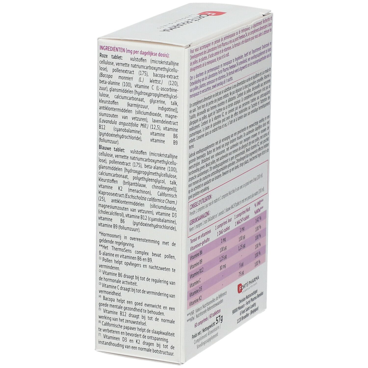 Emballage Feminae 24. Ingrédients et instructions. Texte multilingue. Design blanc et rose.