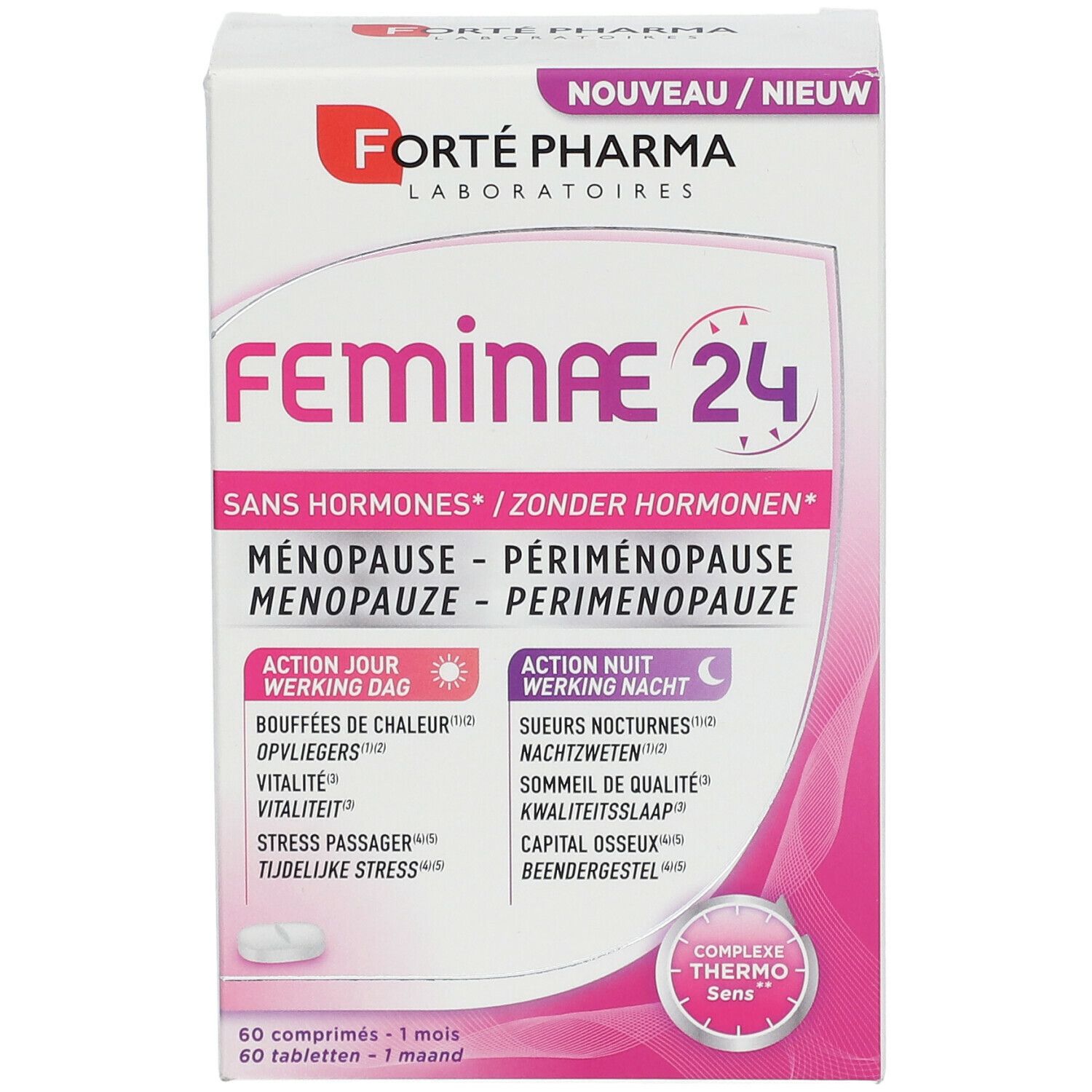 Boîte Feminae 24, sans hormones. Contient 60 comprimés. Inscriptions en français, allemand et néerlandais. Design rose et blanc.