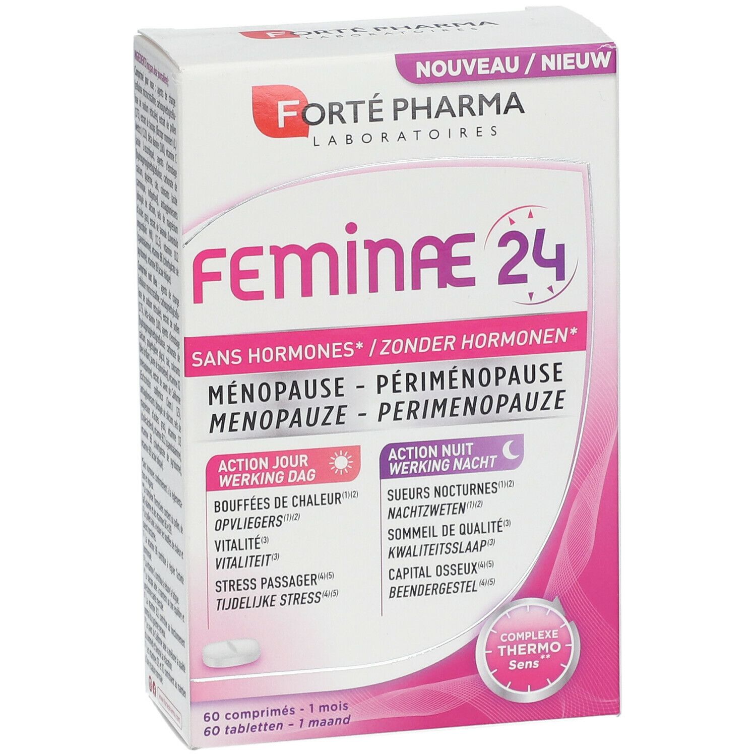 Boîte Feminae 24, sans hormones. Contient 60 comprimés. Inscriptions en français, allemand et néerlandais. Design rose et blanc.