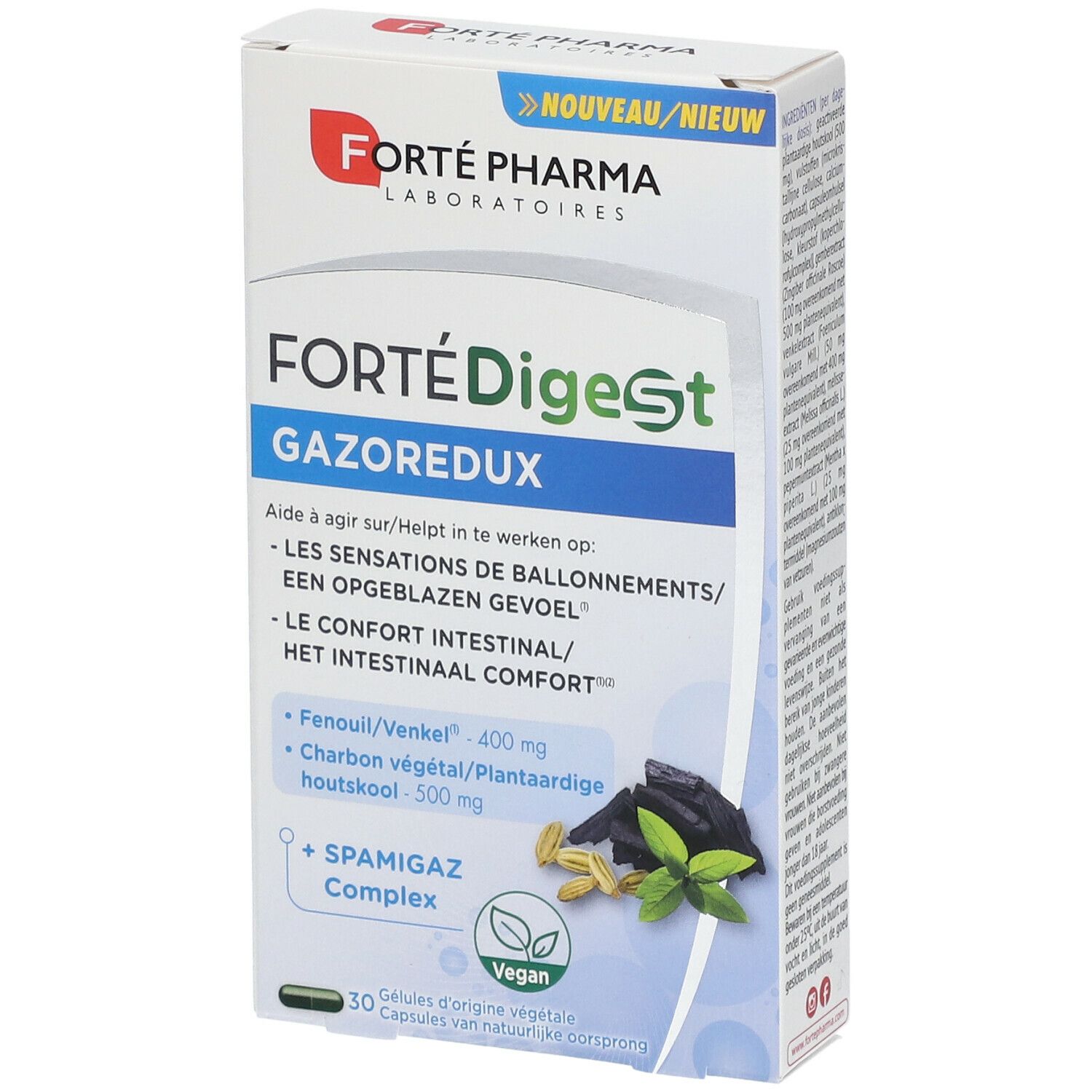 Doos met productnaam en logo. Bevat 30 capsules. Venkel en actieve kool zijn afgebeeld.