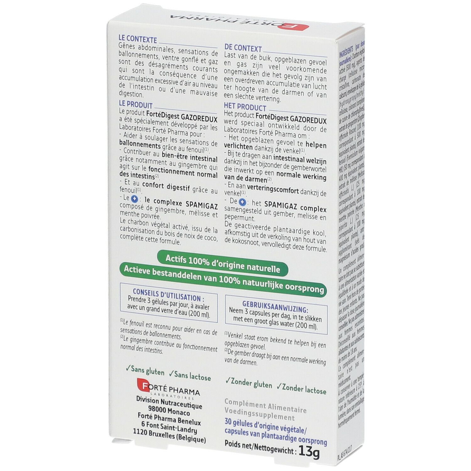 Productverpakking met meertalige tekst. Bevat informatie over het product en het gebruik.