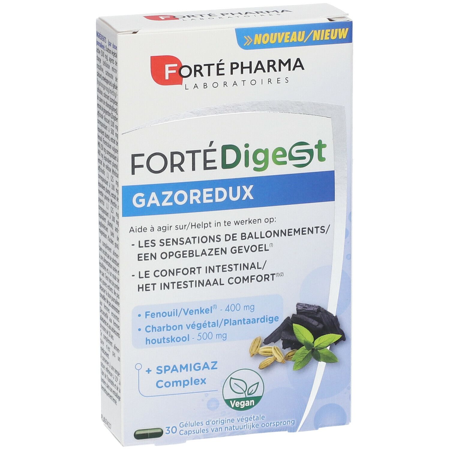 Verpakking met logo en productnaam. Bevat 30 capsules. Venkel en actieve kool zijn afgebeeld.