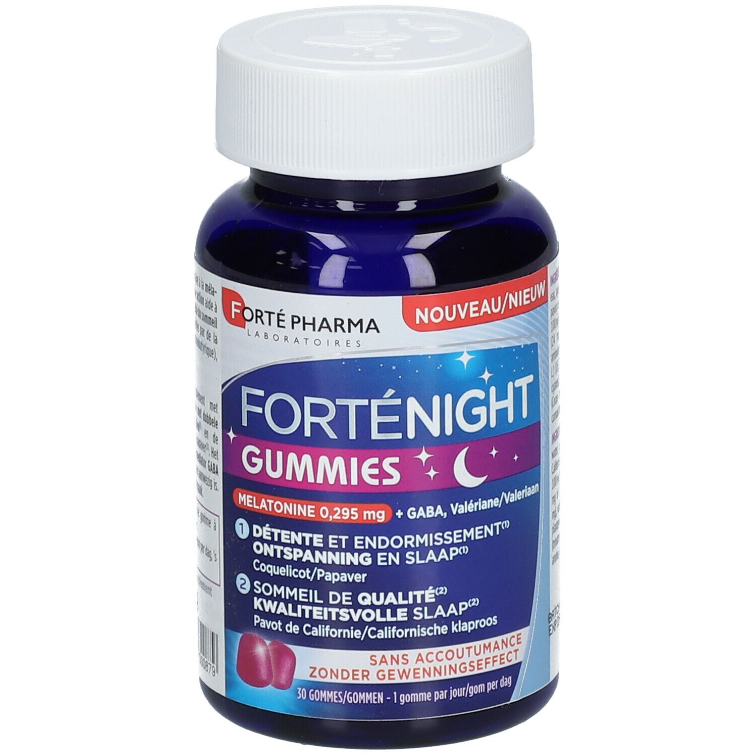 Donkerblauwe fles met witte dop. Opschrift: FortéNight Gummies. Bevat melatonine, GABA, valeriaan. 30 gummies.