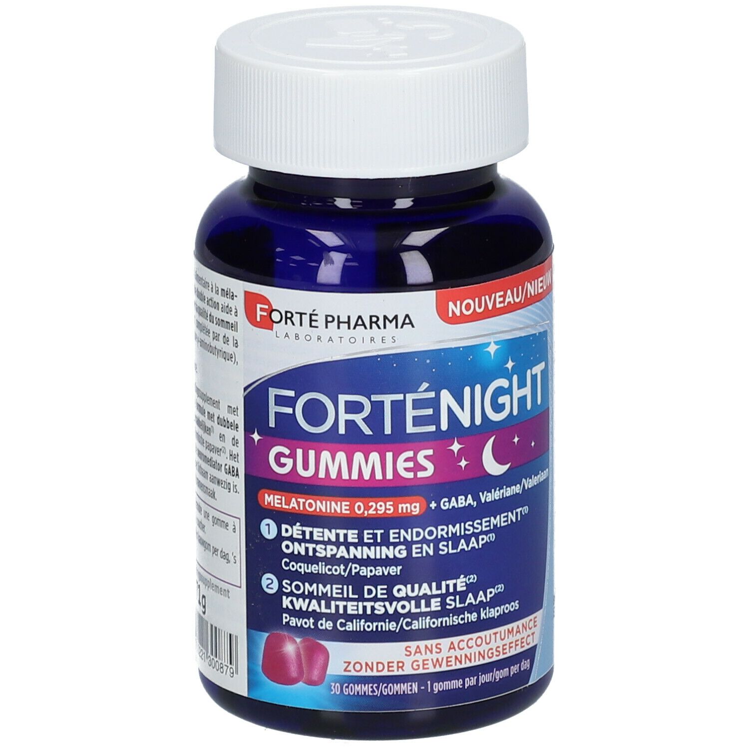 Donkerblauwe fles met witte dop. Opschrift: FortéNight Gummies. Bevat melatonine, GABA, valeriaan. 30 gummies.