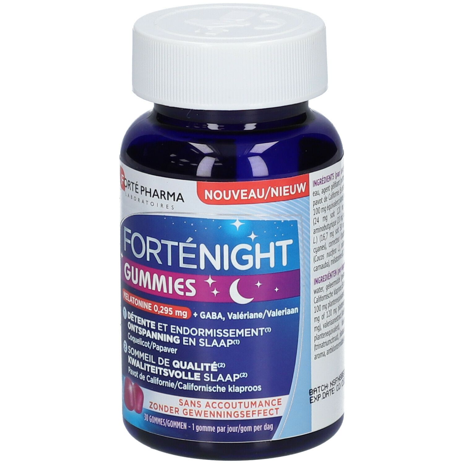 Donkerblauwe fles met witte dop. Opschrift: FortéNight Gummies. Bevat melatonine, GABA, valeriaan. 30 gummies.